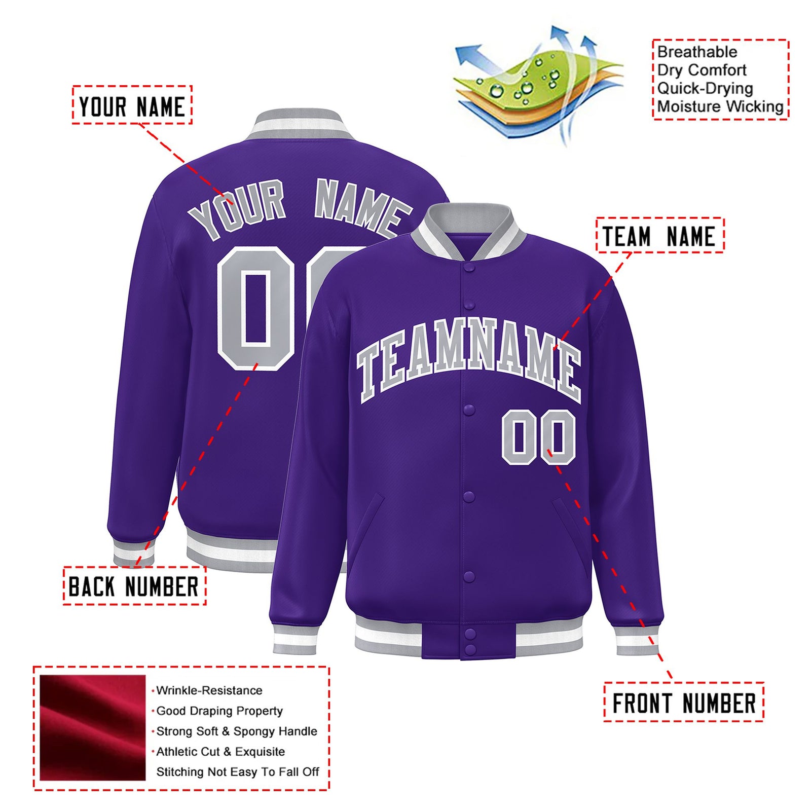 Custom Purple Gray-White Bomber Full-Snap Varsity Letterman Jacket
