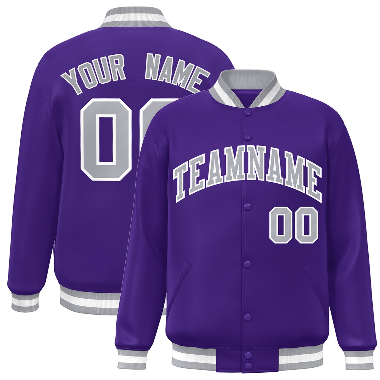Custom Purple Gray-White Bomber Full-Snap Varsity Letterman Jacket