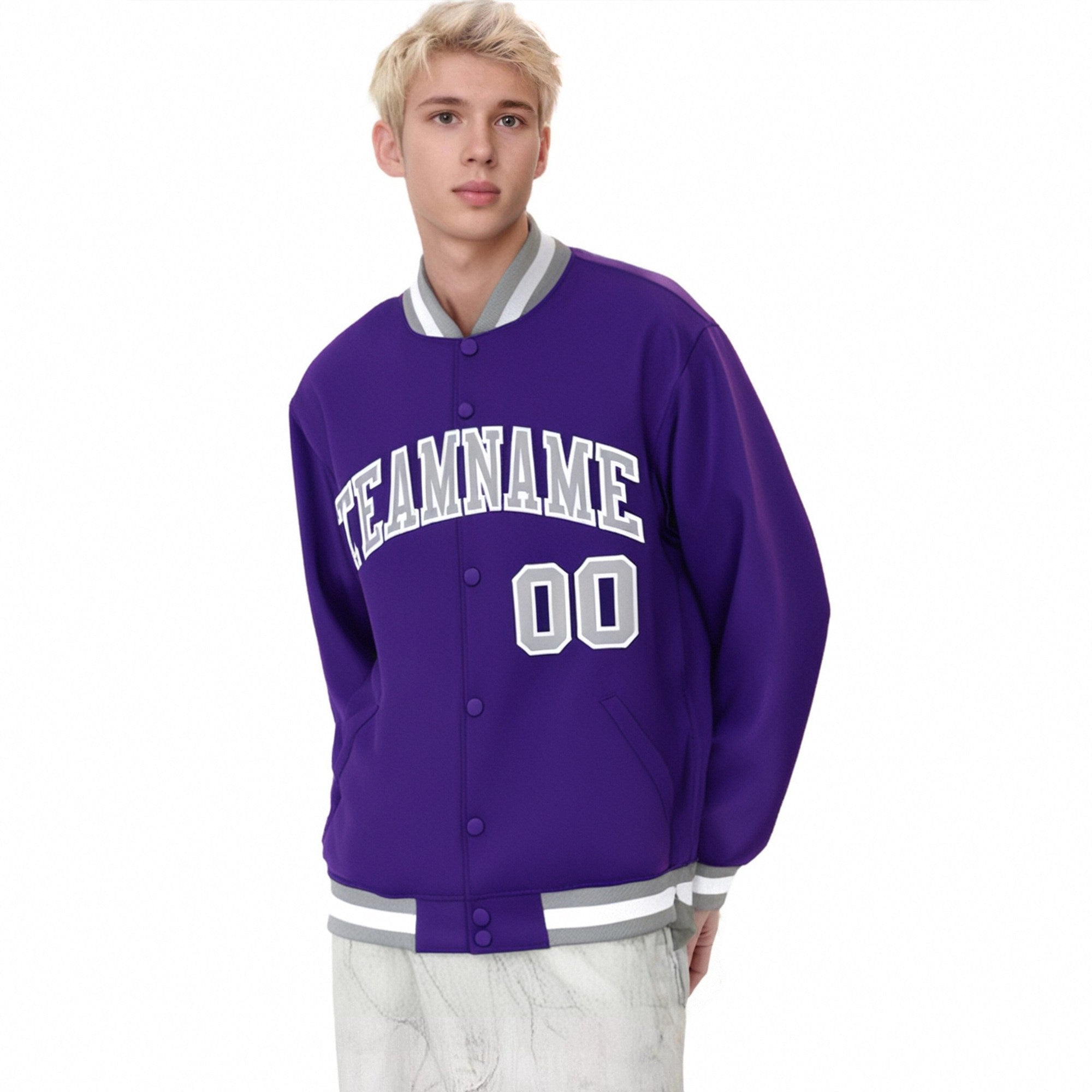 Custom Purple Gray-White Bomber Full-Snap Varsity Letterman Jacket