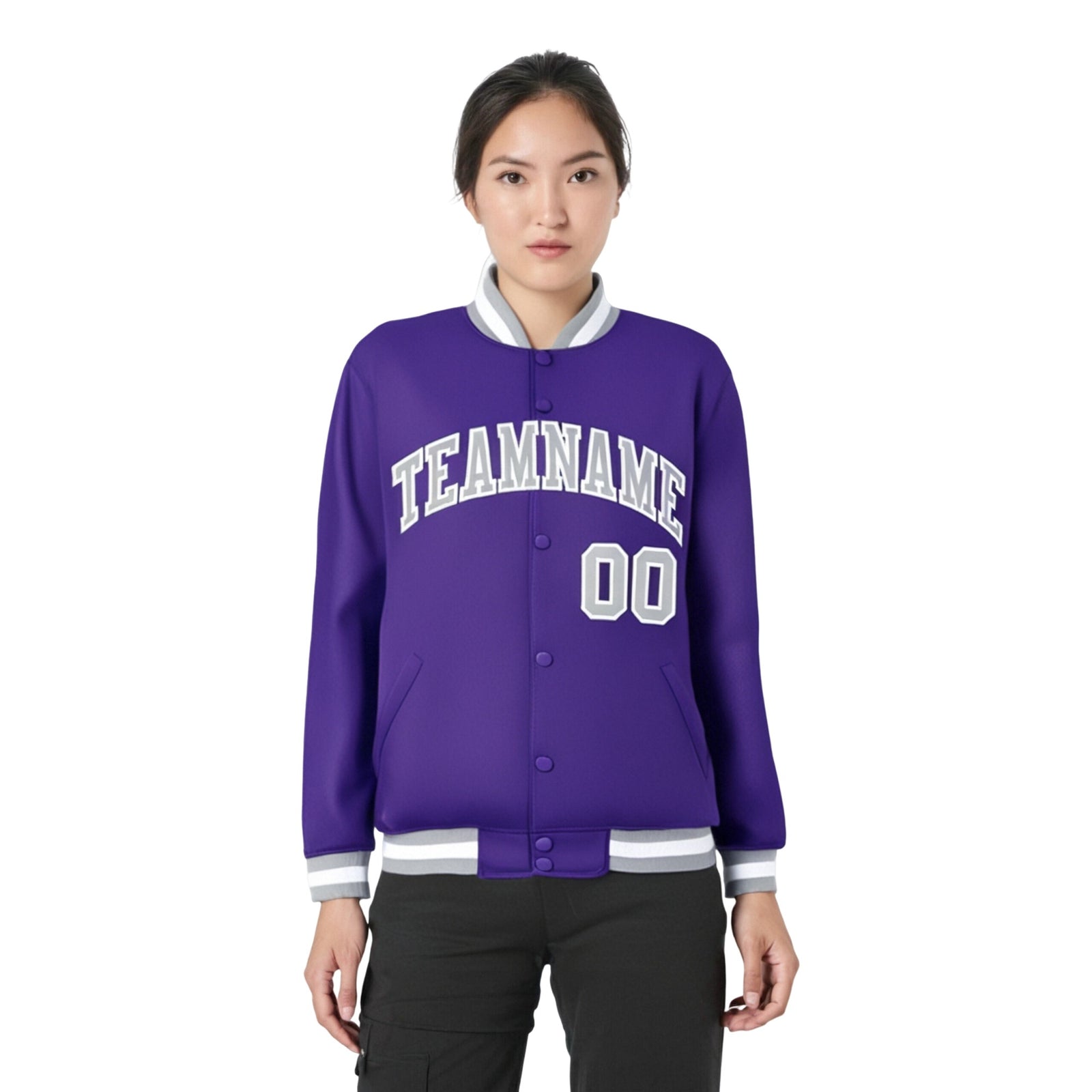 Custom Purple Gray-White Bomber Full-Snap Varsity Letterman Jacket