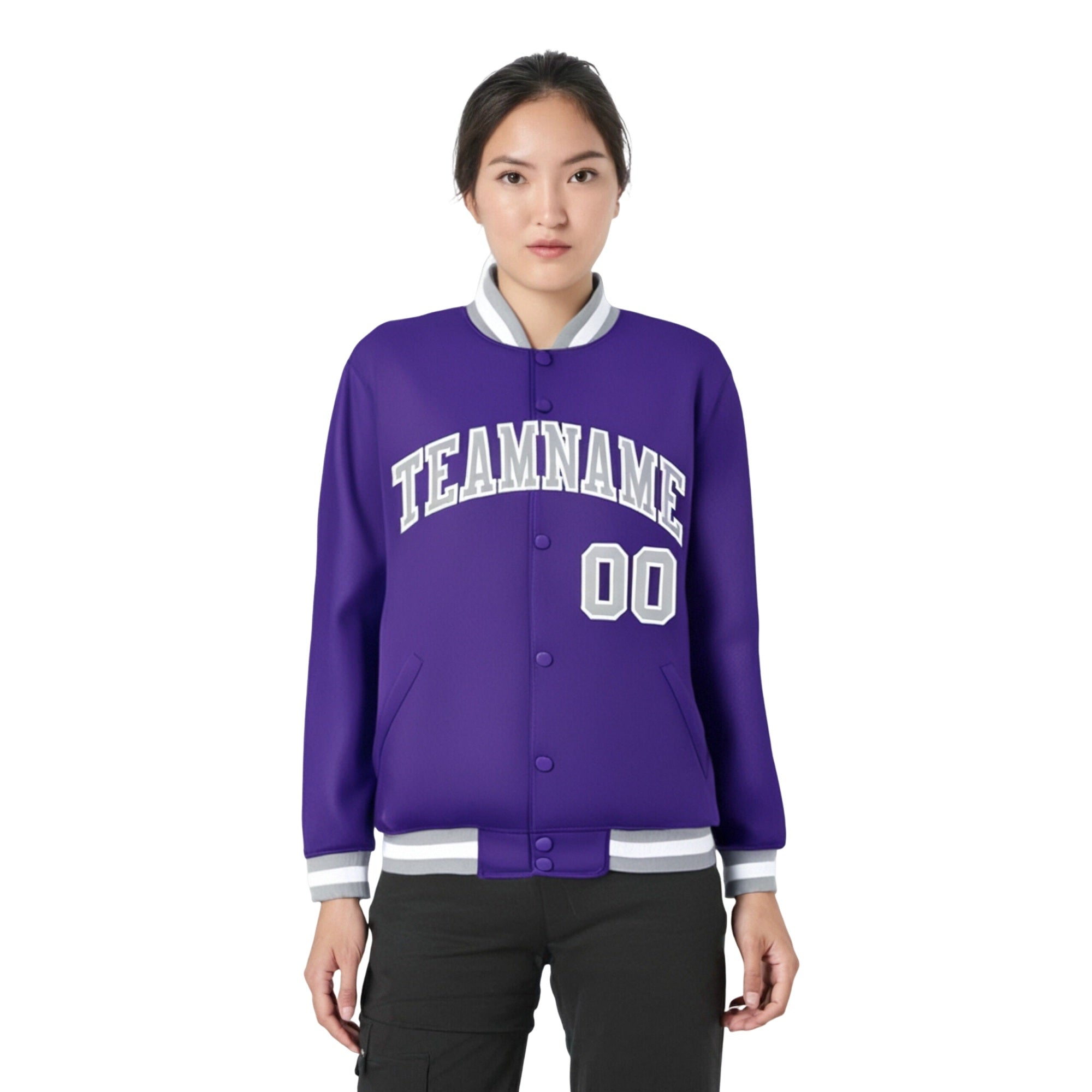 Custom Purple Gray-White Bomber Full-Snap Varsity Letterman Jacket