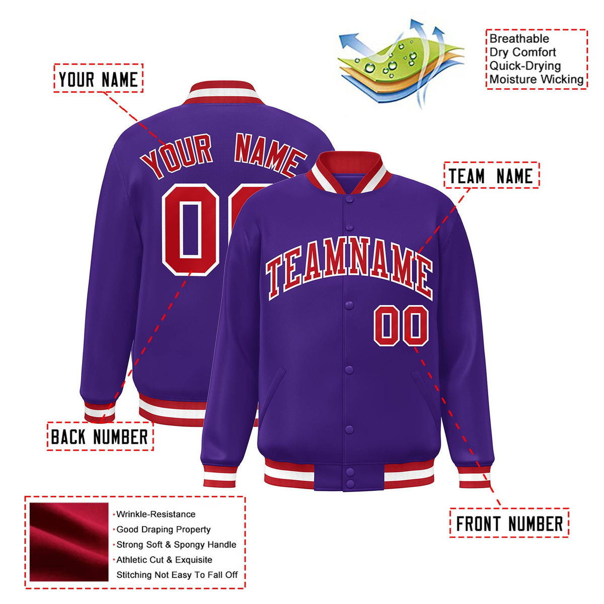Custom Purple Red-White Bomber Full-Snap Varsity Letterman Jacket