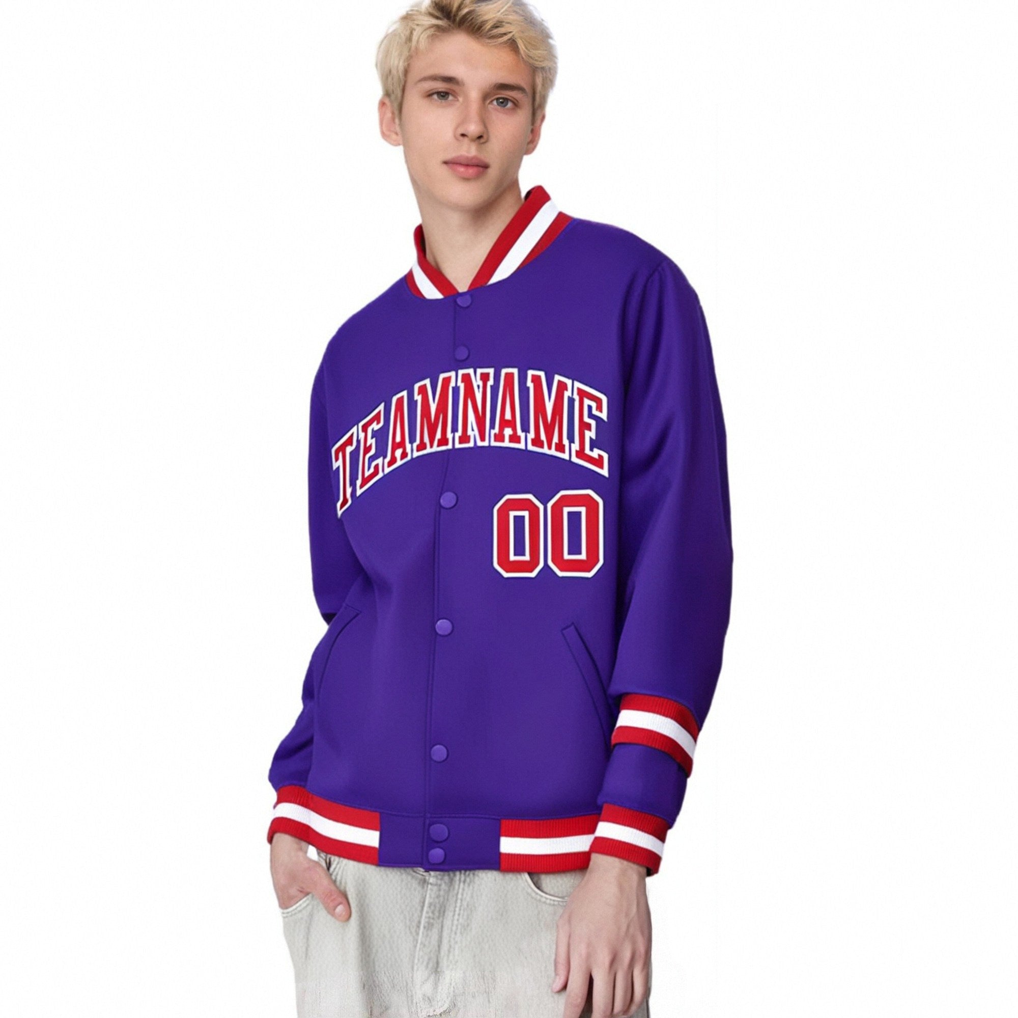 Custom Purple Red-White Bomber Full-Snap Varsity Letterman Jacket