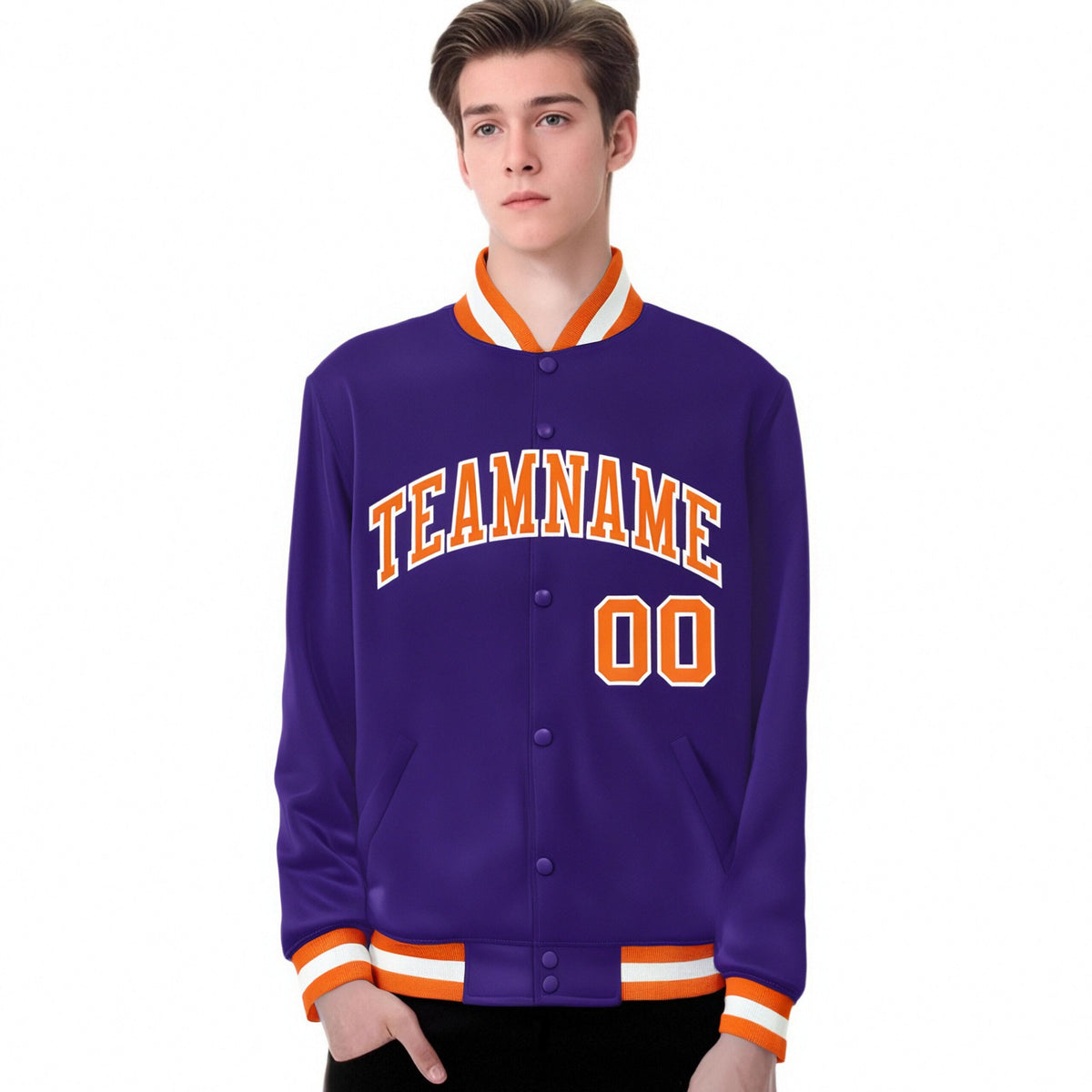 Custom Purple Orange-White Bomber Full-Snap Varsity Letterman Jacket