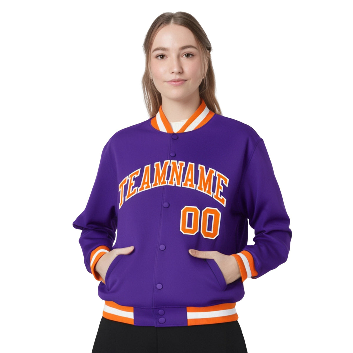 Custom Purple Orange-White Bomber Full-Snap Varsity Letterman Jacket