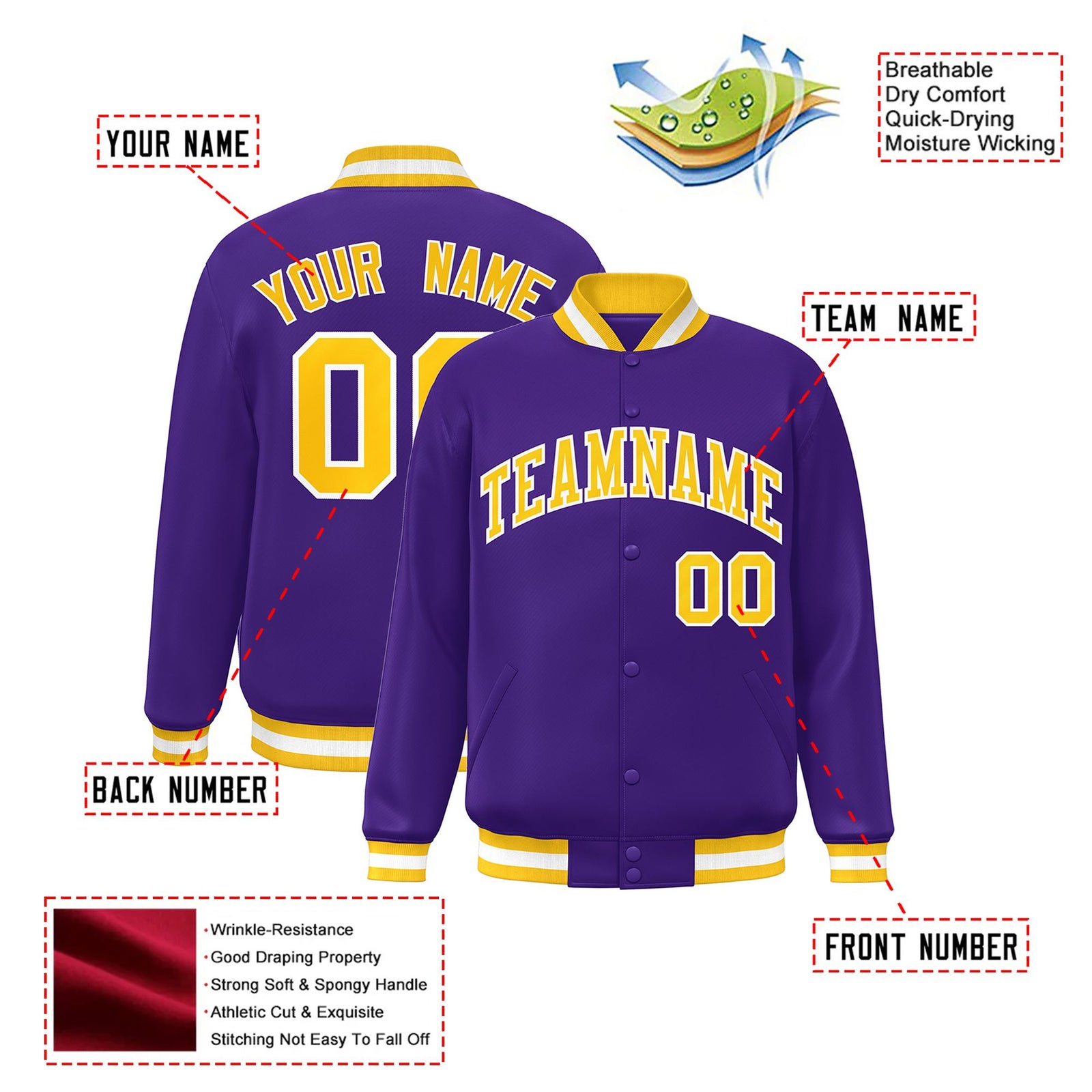 Custom Purple Gold-White Bomber Full-Snap Varsity Letterman Jacket