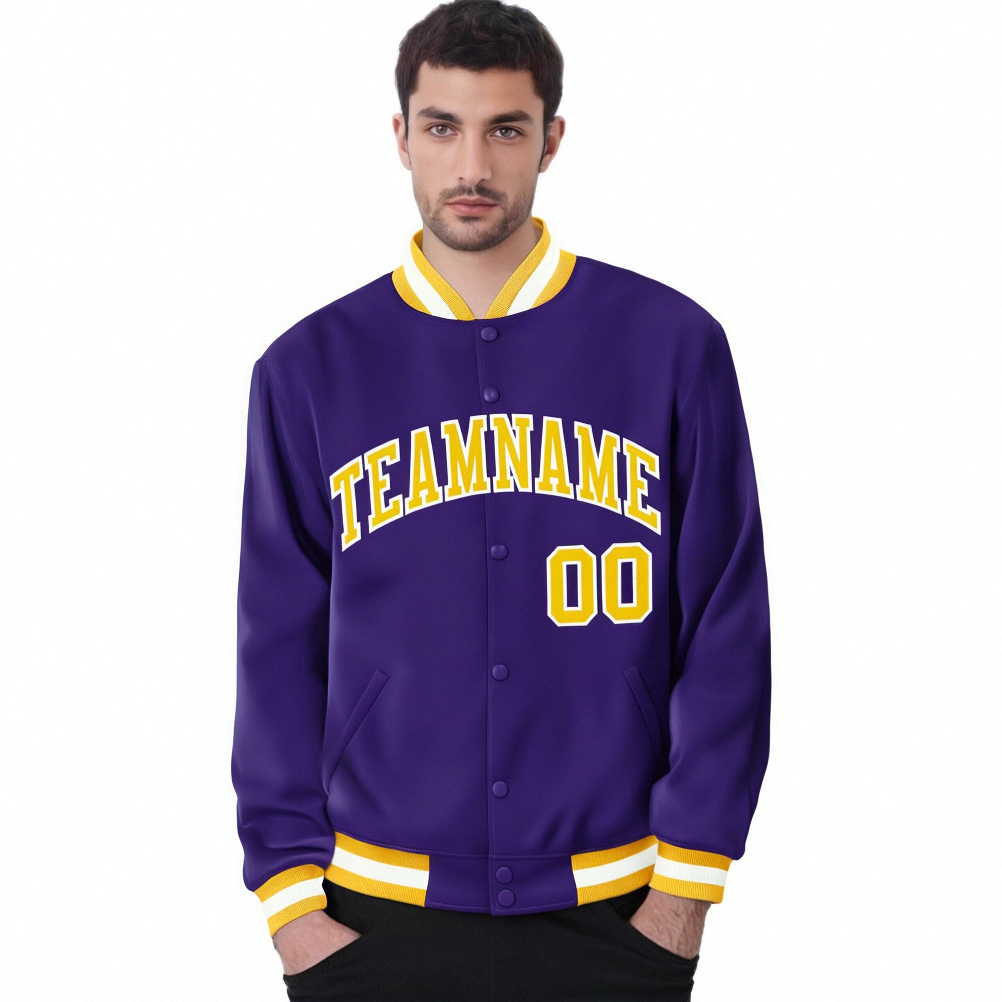 Custom Purple Gold-White Bomber Full-Snap Varsity Letterman Jacket