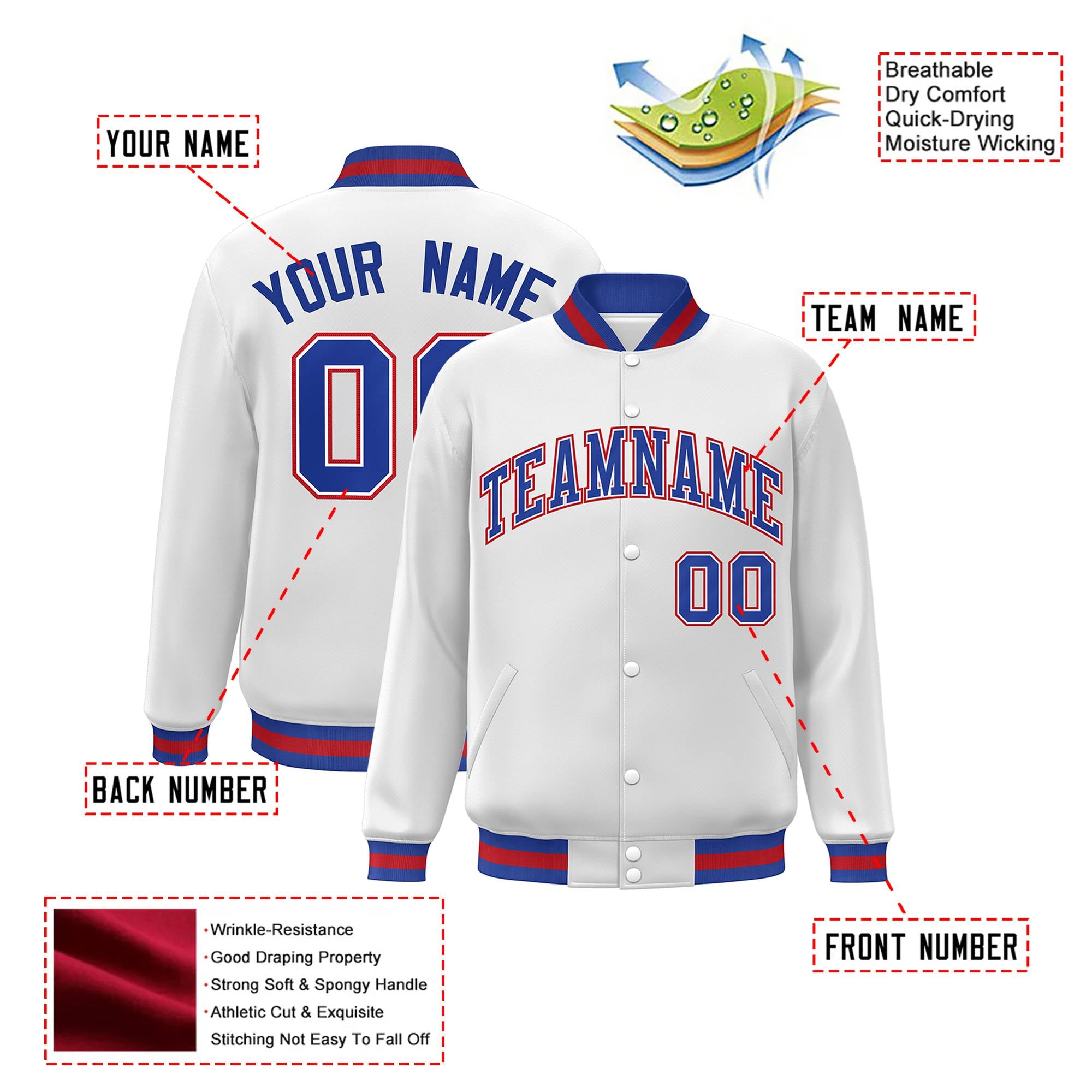 Custom White Thunder-Blue Red Bomber Full-Snap Varsity Letterman Jacket