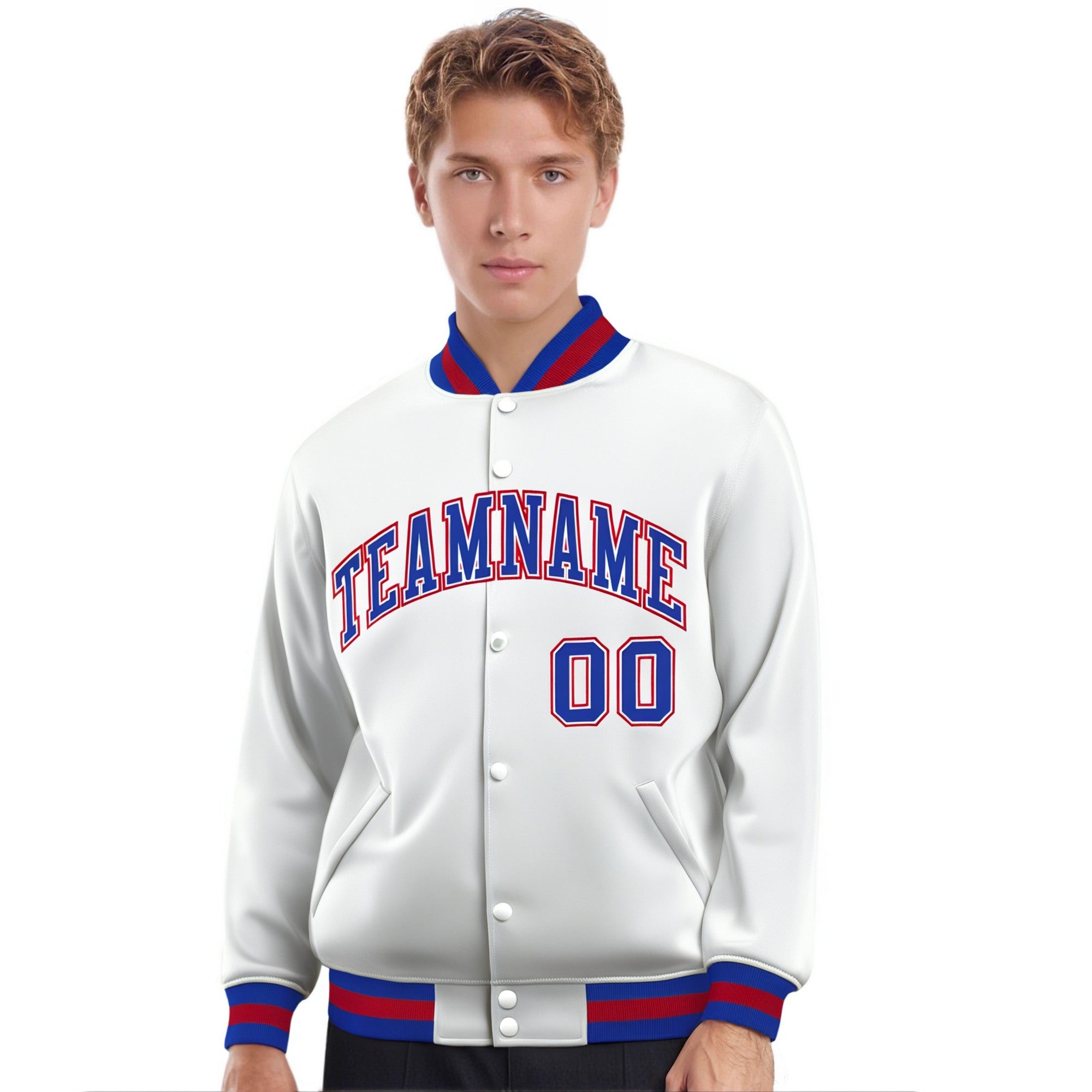 Custom White Thunder-Blue Red Bomber Full-Snap Varsity Letterman Jacket