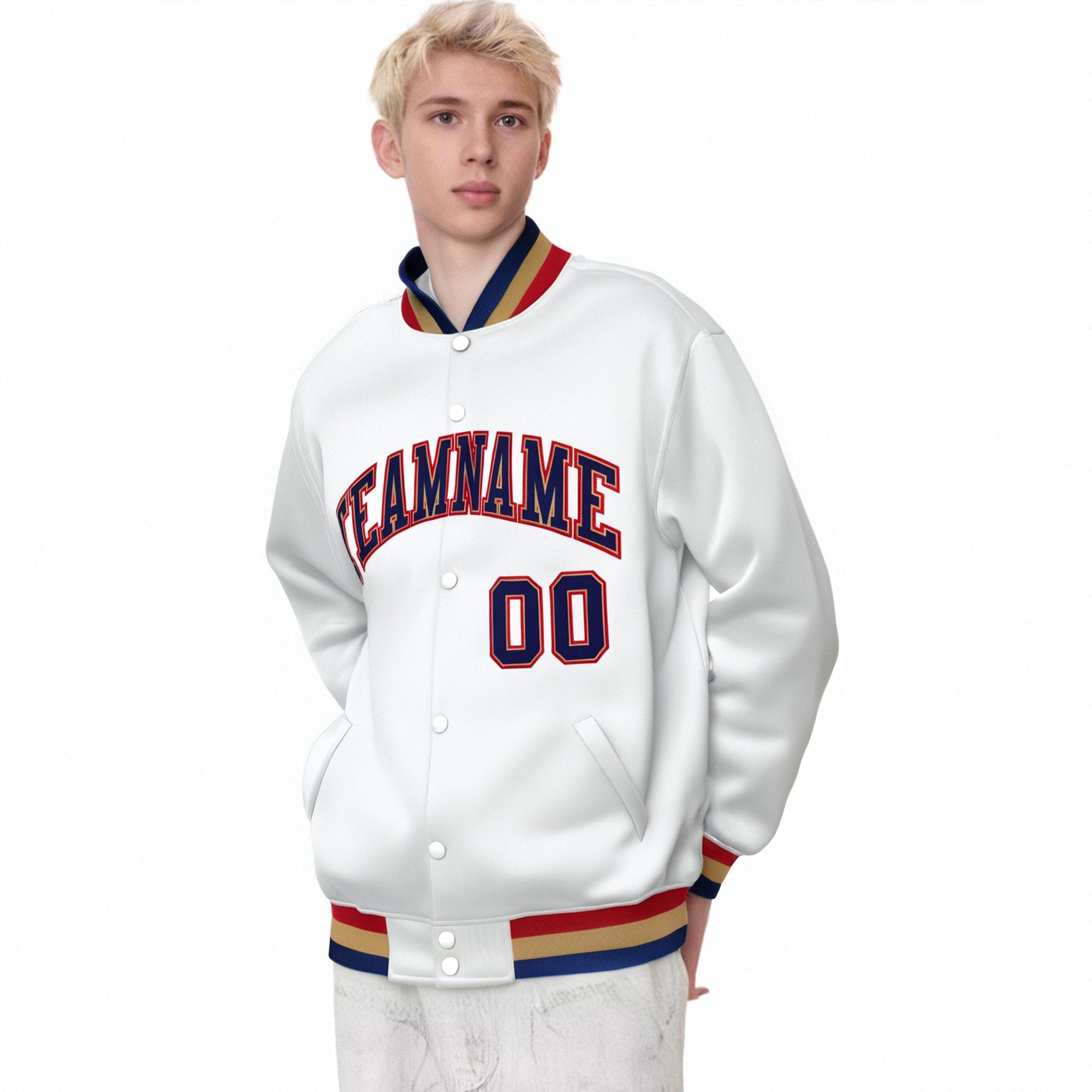 Custom White Navy Old-Gold Bomber Full-Snap Varsity Letterman Jacket