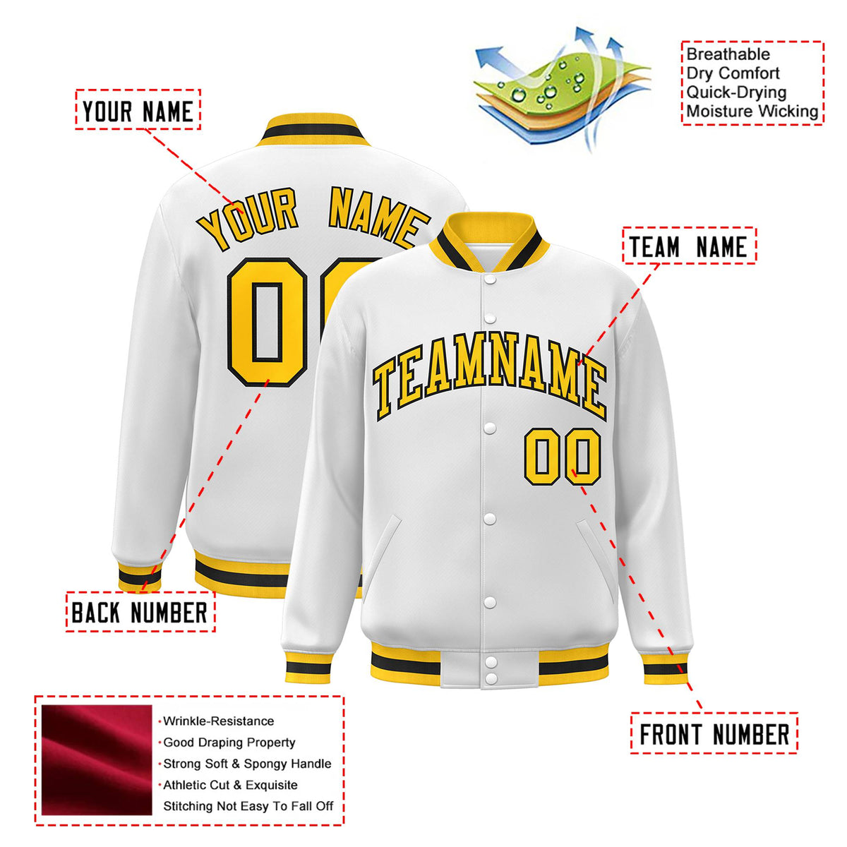 Custom White Yellow-Black Bomber Full-Snap Varsity Letterman Jacket