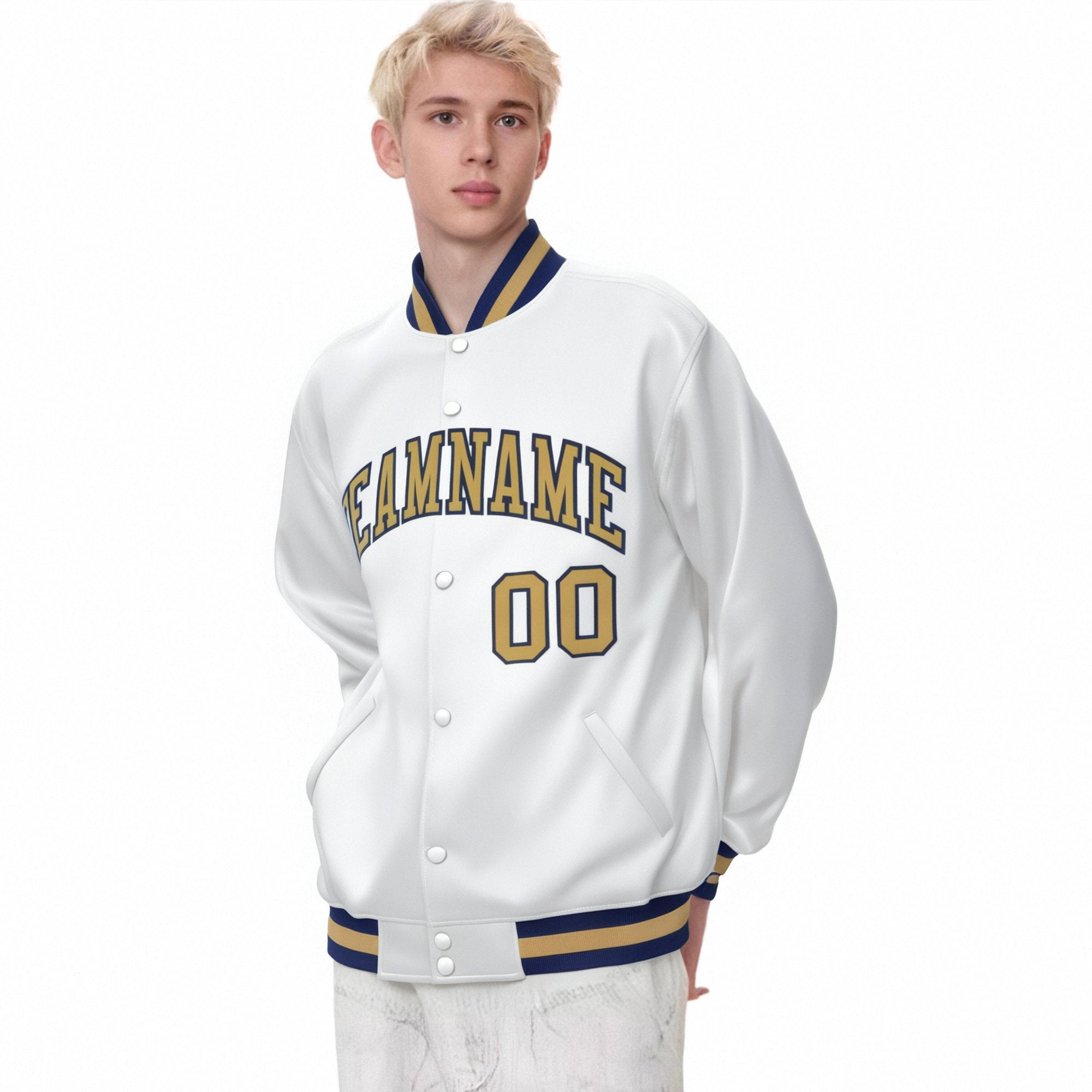 Custom White Old-Gold Navy Bomber Full-Snap Varsity Letterman Jacket