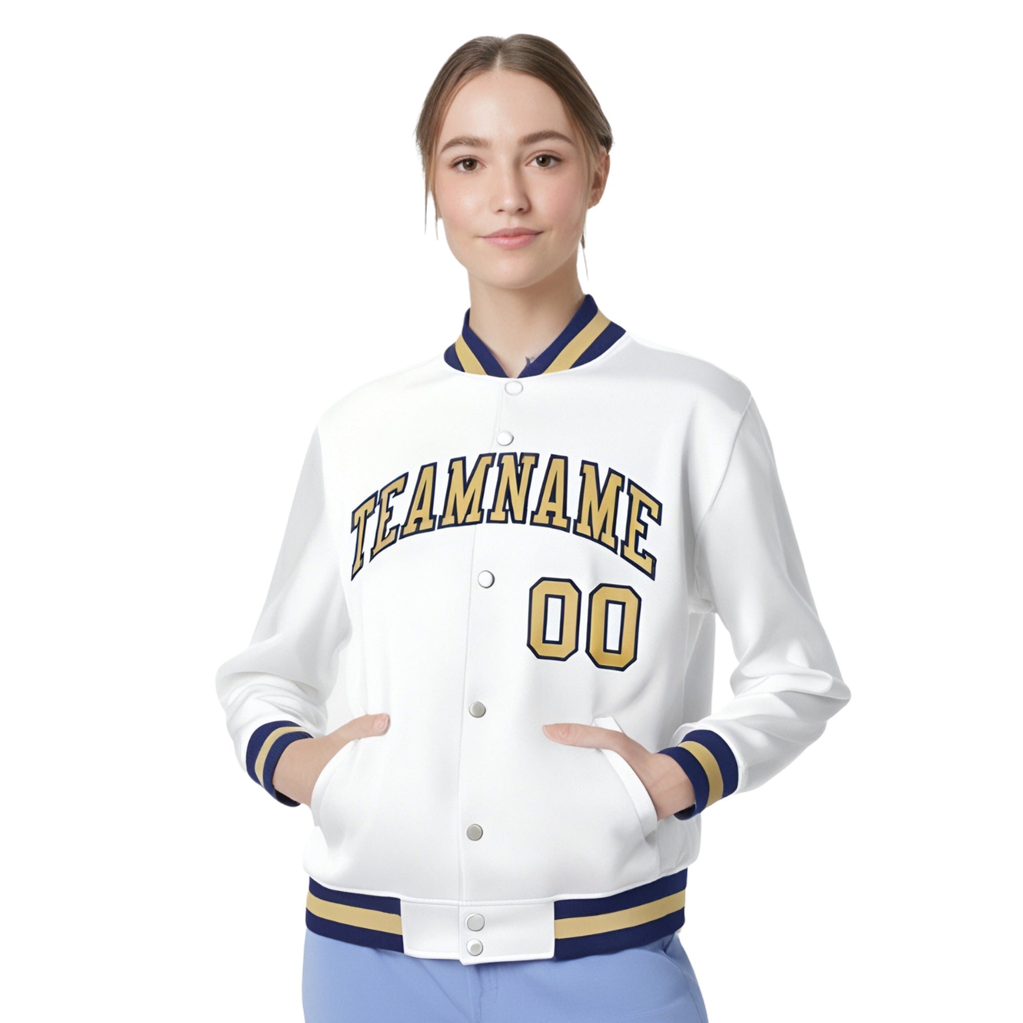 Custom White Old-Gold Navy Bomber Full-Snap Varsity Letterman Jacket