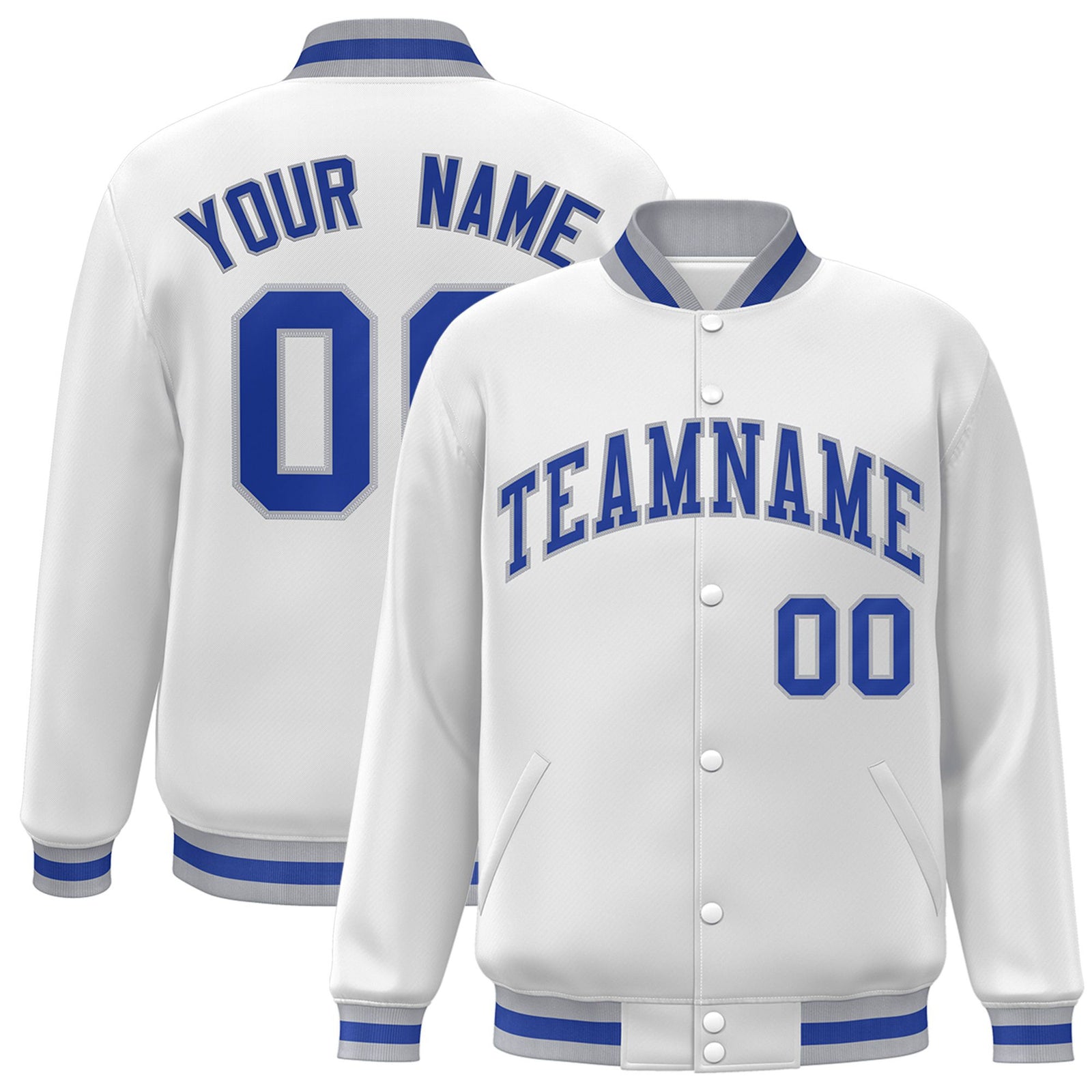Custom White Thunder-Blue Gray Bomber Full-Snap Varsity Letterman Jacket