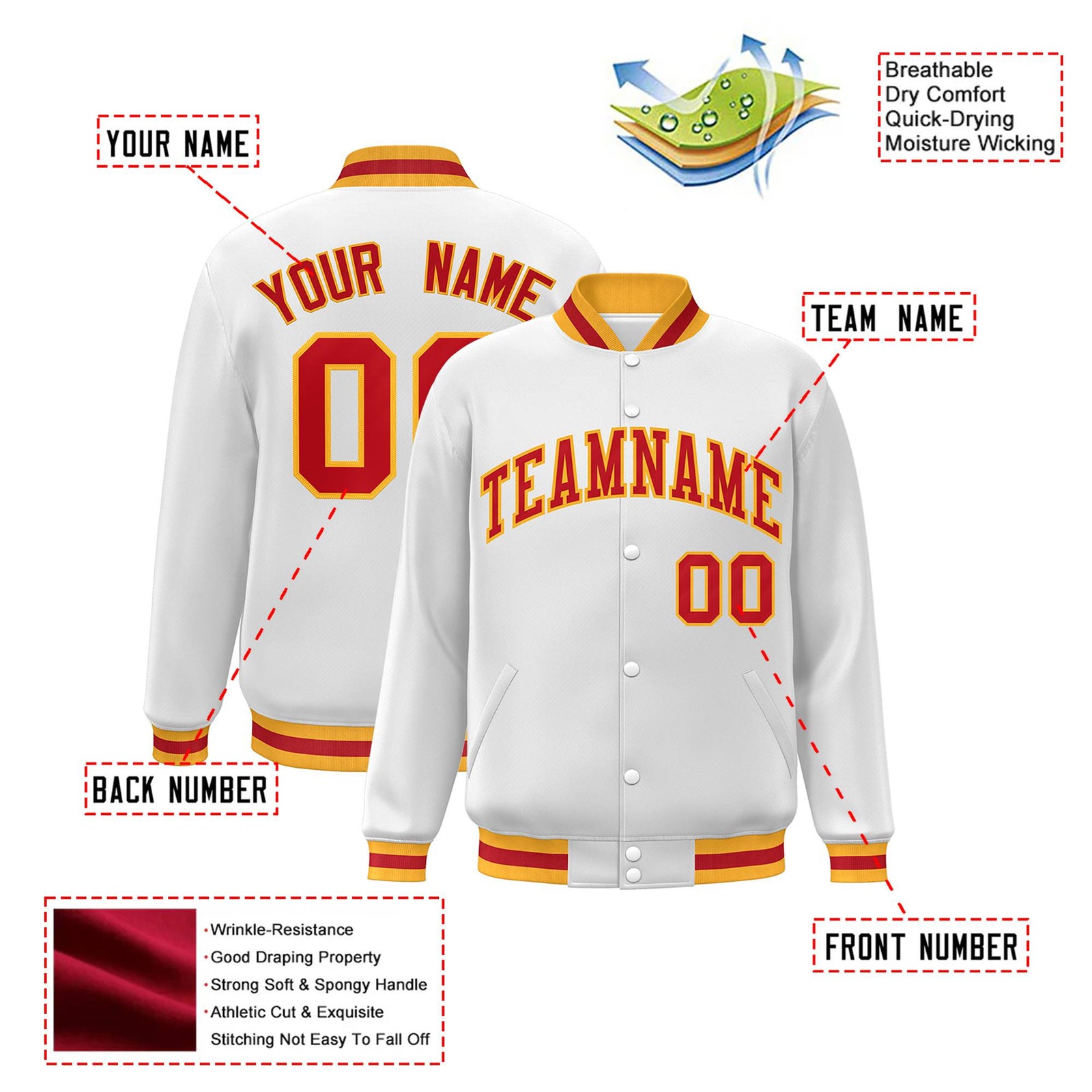 Custom White Orange Yellow Bomber Full-Snap Varsity Letterman Jacket