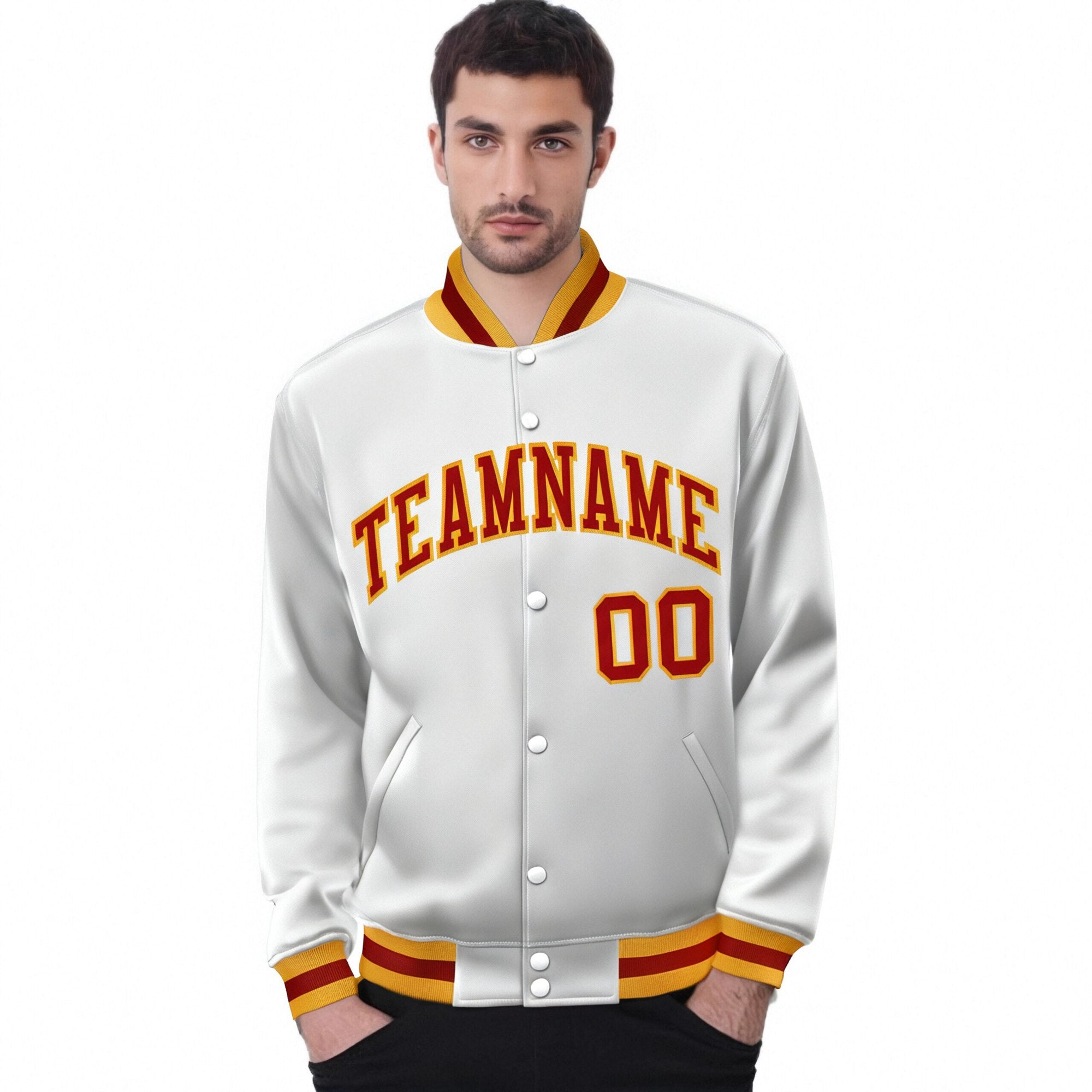 Custom White Orange Yellow Bomber Full-Snap Varsity Letterman Jacket