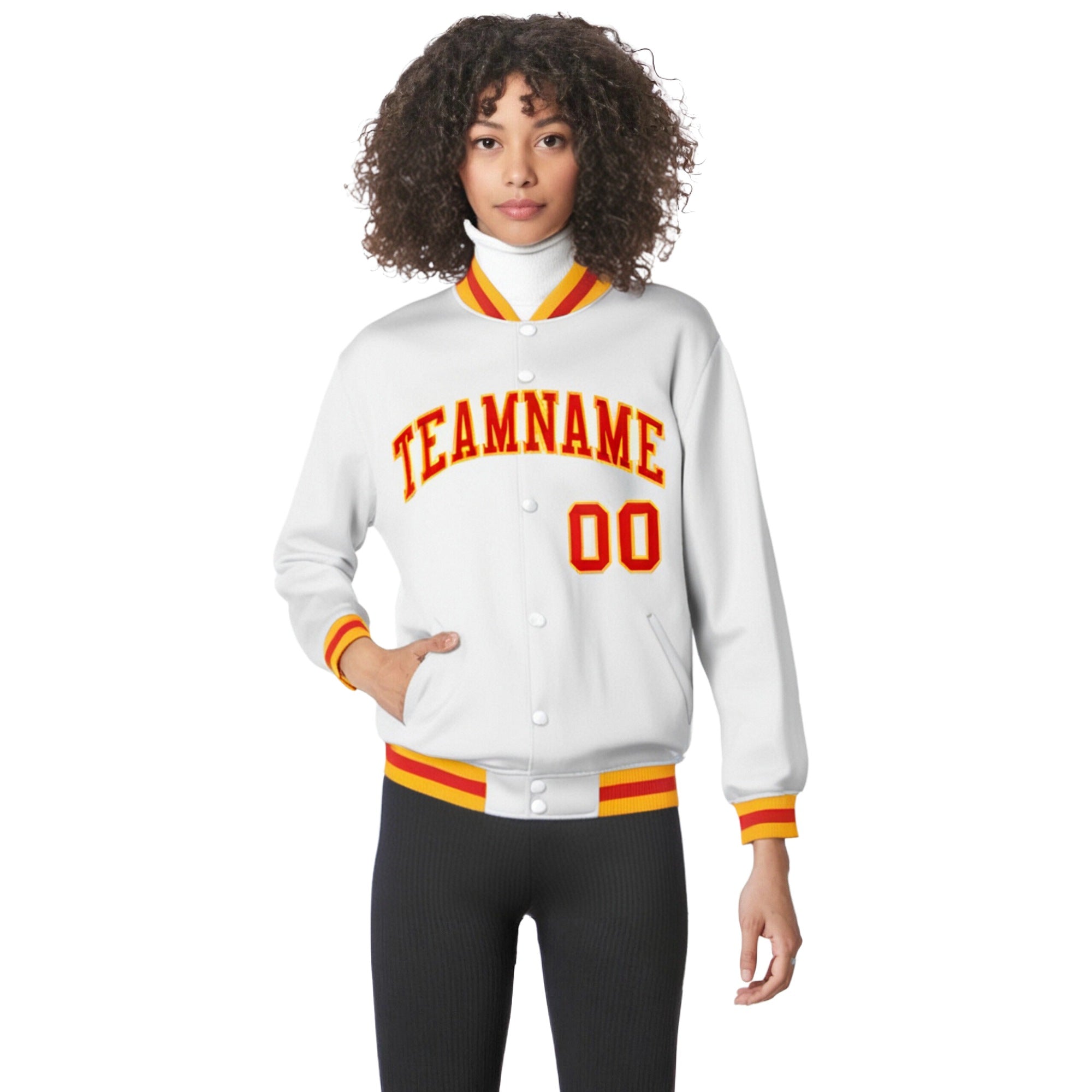 Custom White Orange Yellow Bomber Full-Snap Varsity Letterman Jacket