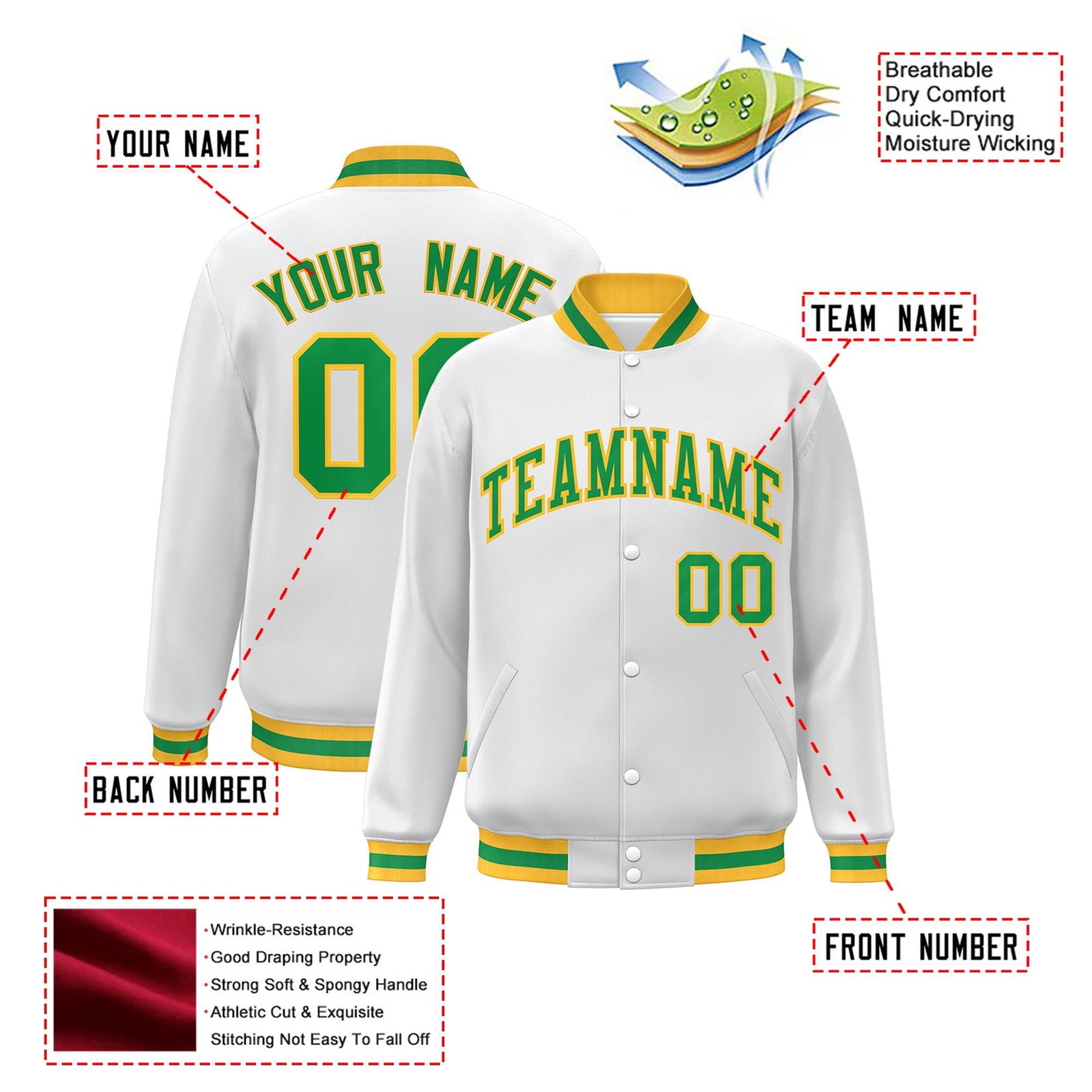 Custom White Neon-Green Yellow Bomber Full-Snap Varsity Letterman Jacket