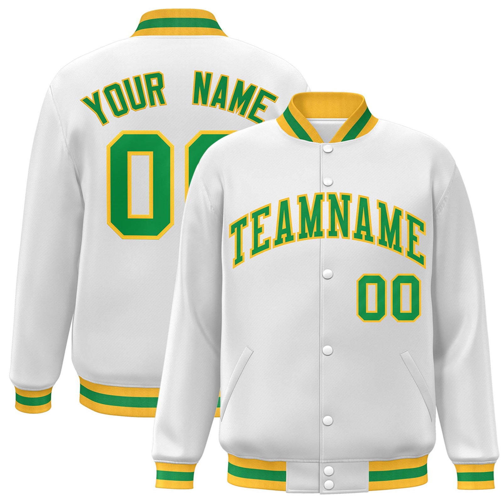 Custom White Neon-Green Yellow Bomber Full-Snap Varsity Letterman Jacket