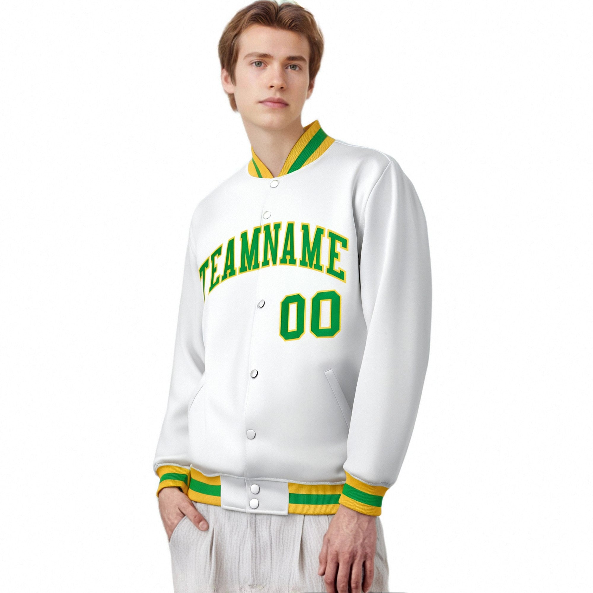 Custom White Neon-Green Yellow Bomber Full-Snap Varsity Letterman Jacket