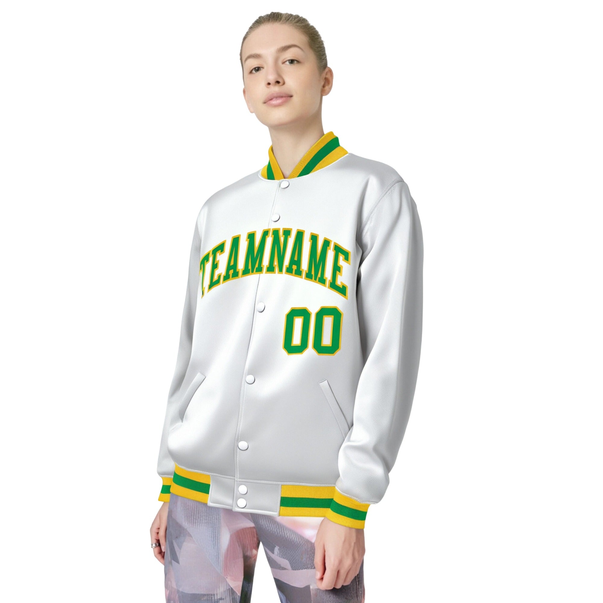 Custom White Neon-Green Yellow Bomber Full-Snap Varsity Letterman Jacket