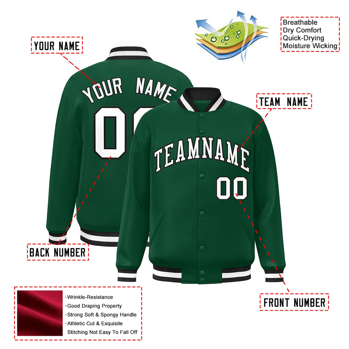Custom Kelly Green White-Black Bomber Full-Snap Varsity Letterman Jacket