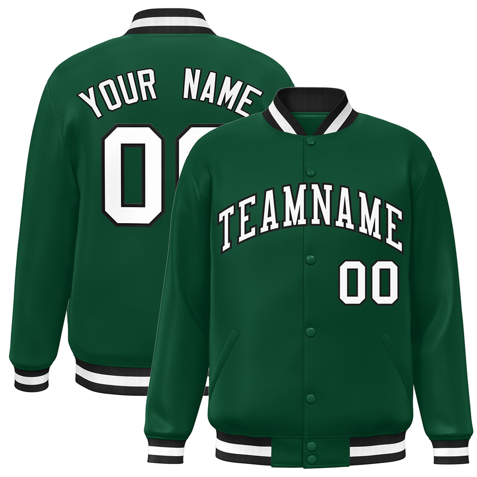 Custom Kelly Green White-Black Bomber Full-Snap Varsity Letterman Jacket