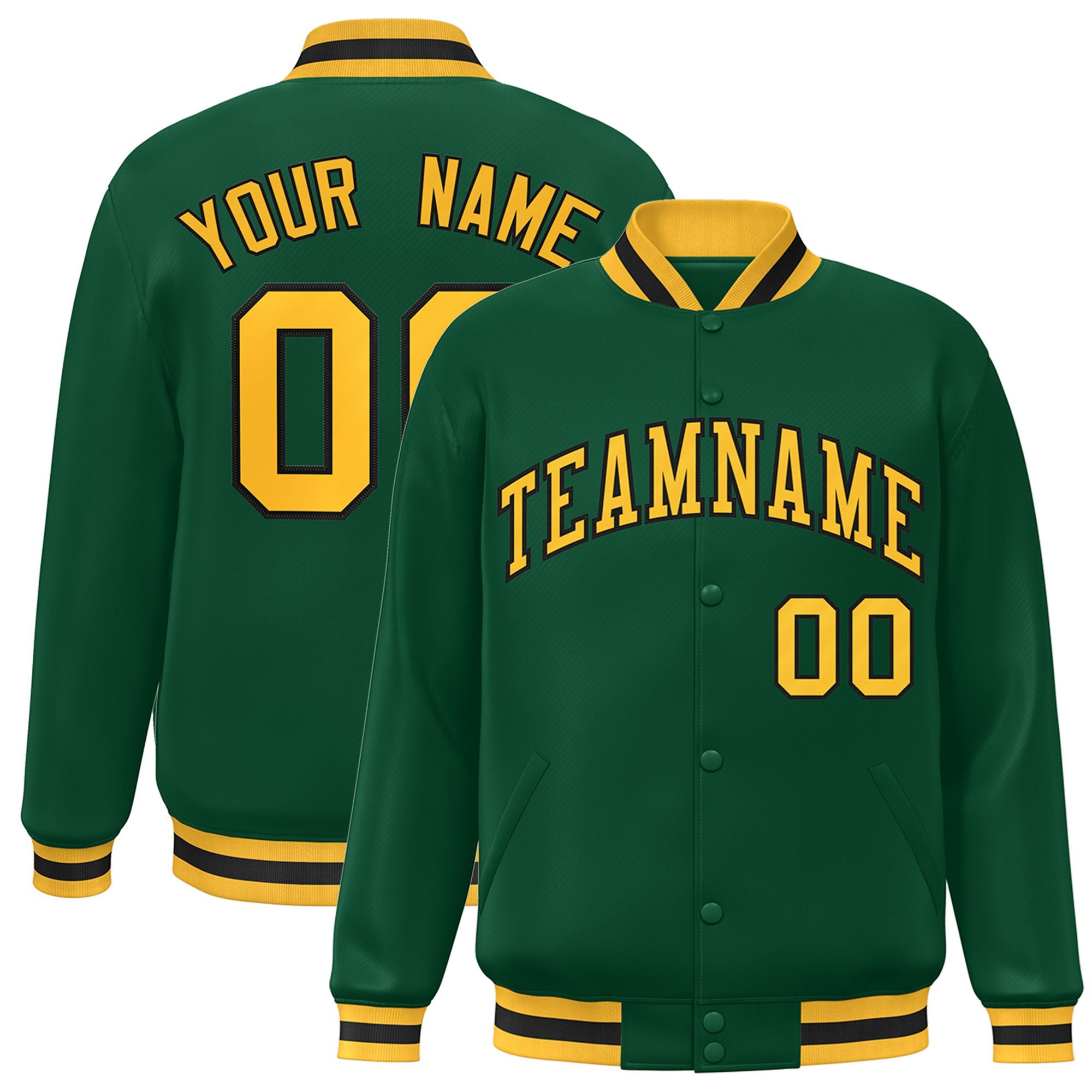 Custom Kelly Green Yellow-Black Bomber Full-Snap Varsity Letterman Jacket