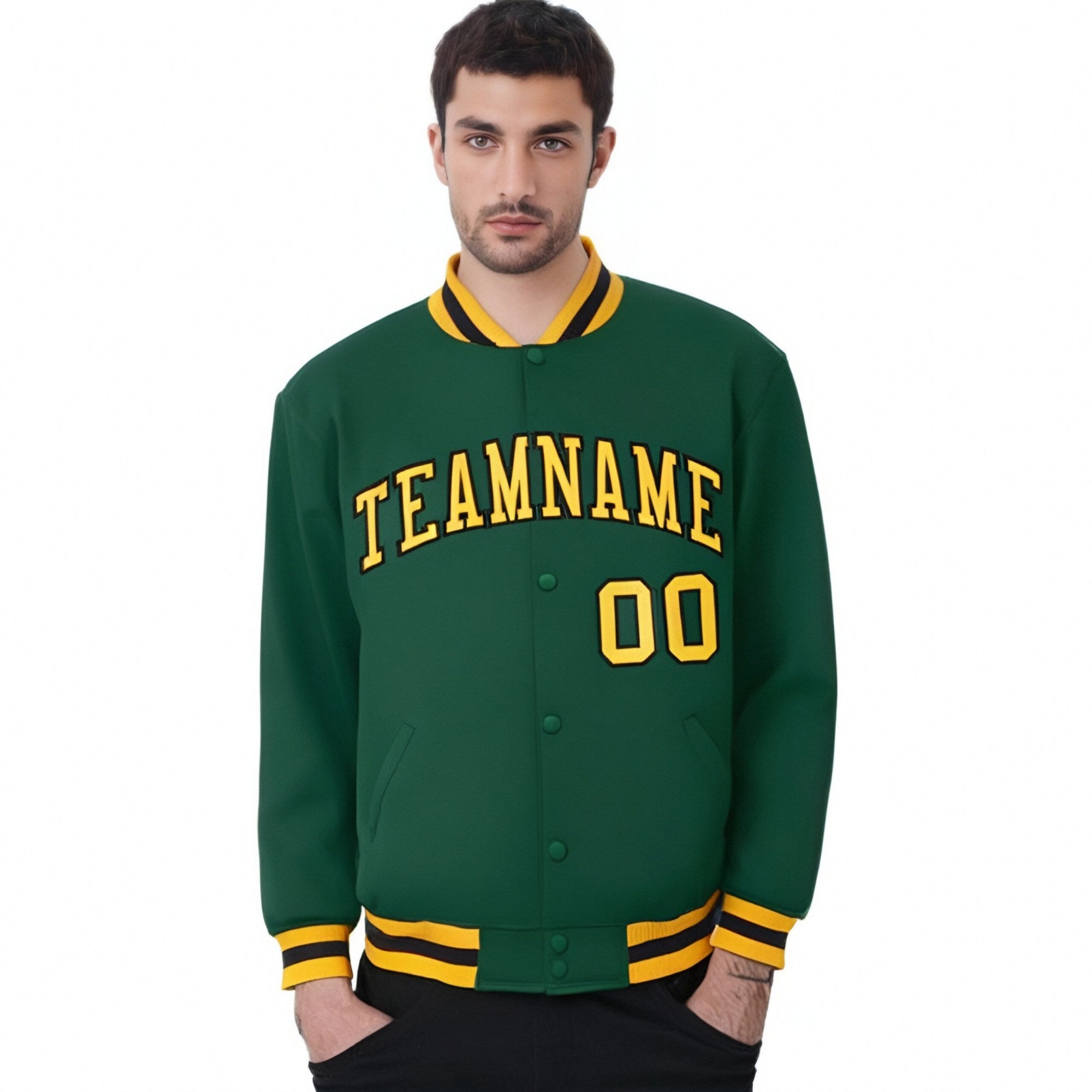 Custom Kelly Green Yellow-Black Bomber Full-Snap Varsity Letterman Jacket