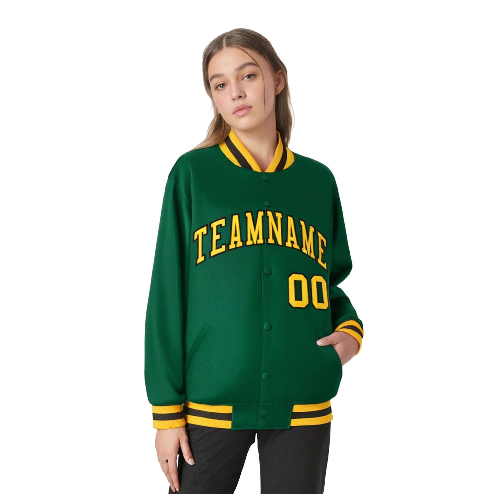 Custom Kelly Green Yellow-Black Bomber Full-Snap Varsity Letterman Jacket