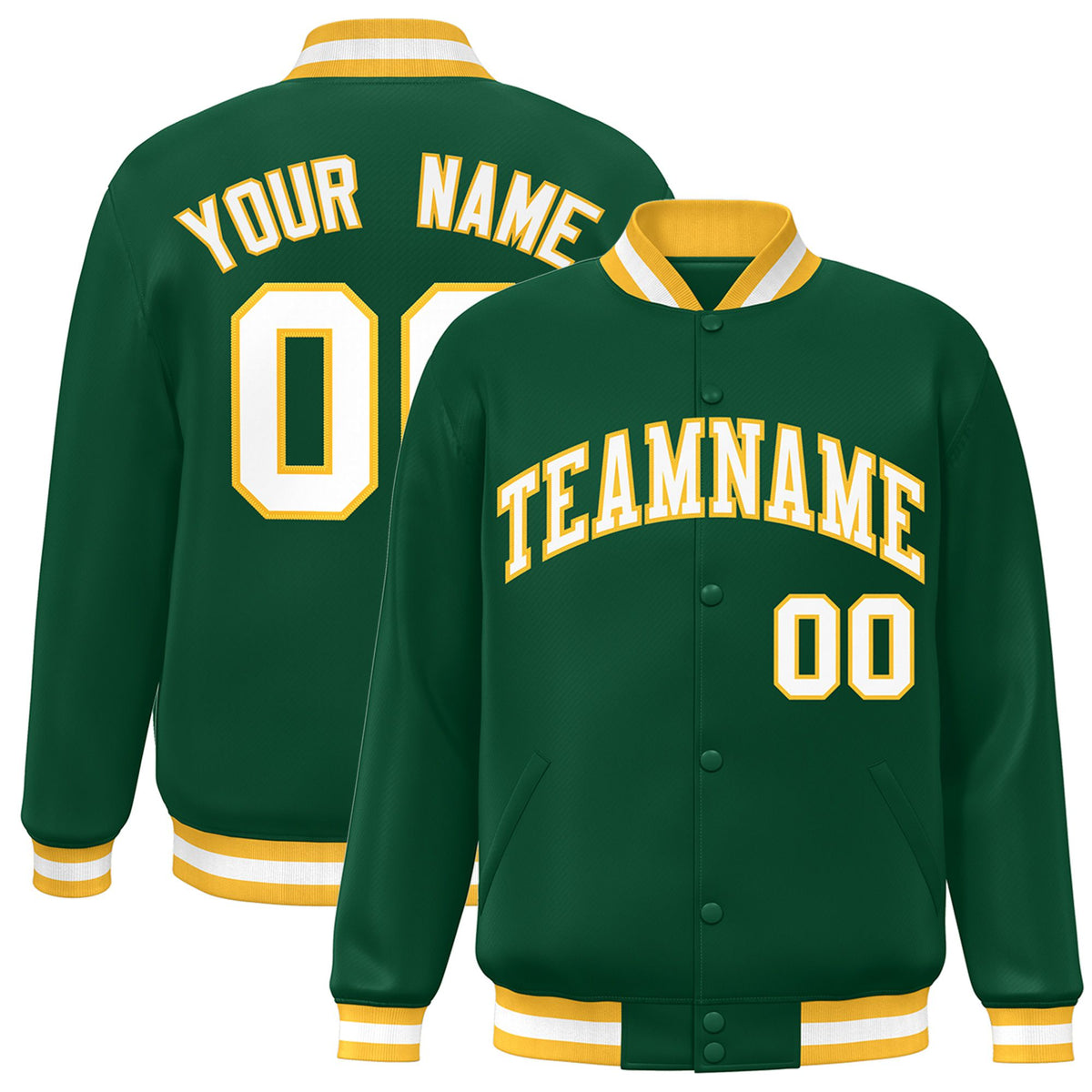 Custom Kelly Green White-Yellow Bomber Full-Snap Varsity Letterman Jacket