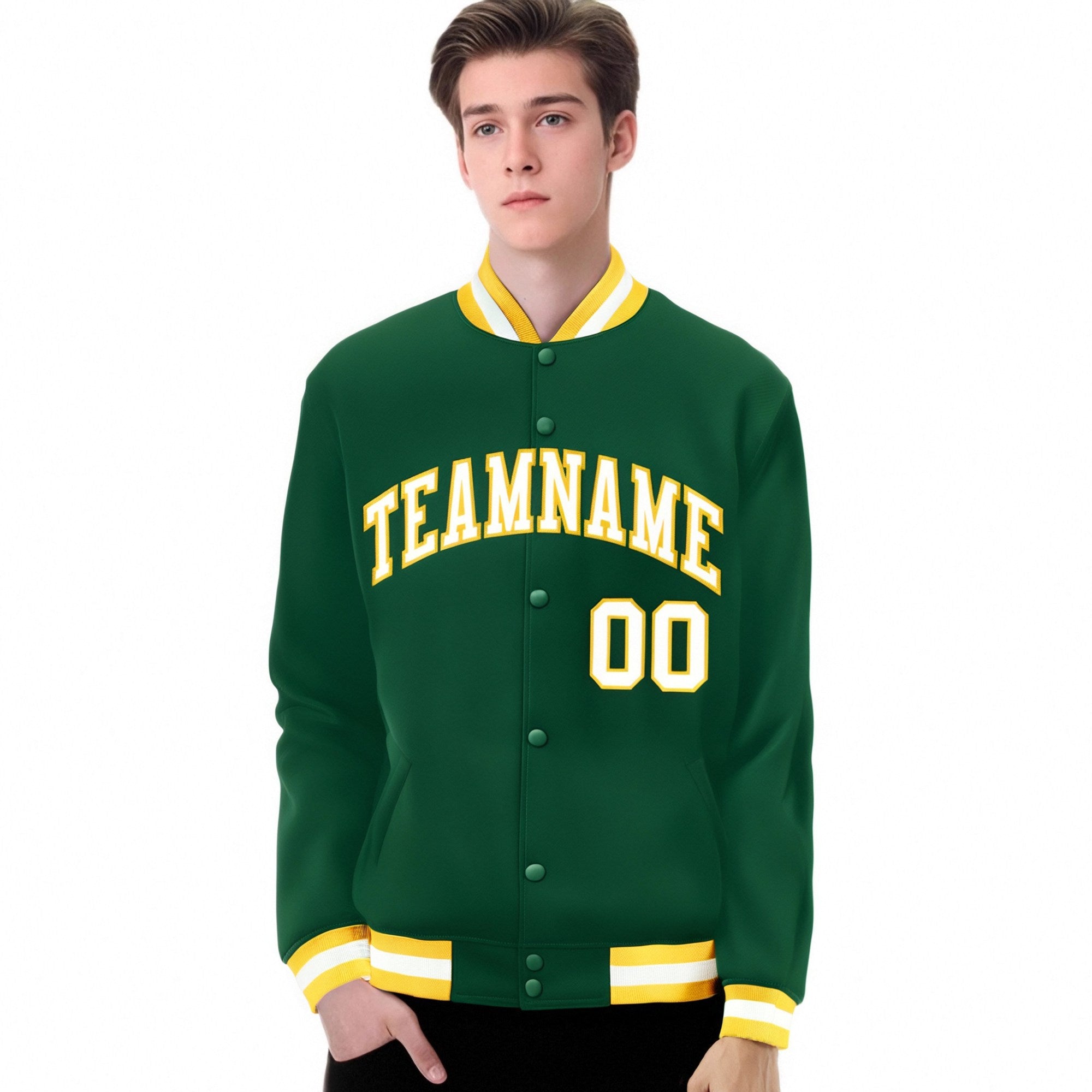 Custom Kelly Green White-Yellow Bomber Full-Snap Varsity Letterman Jacket