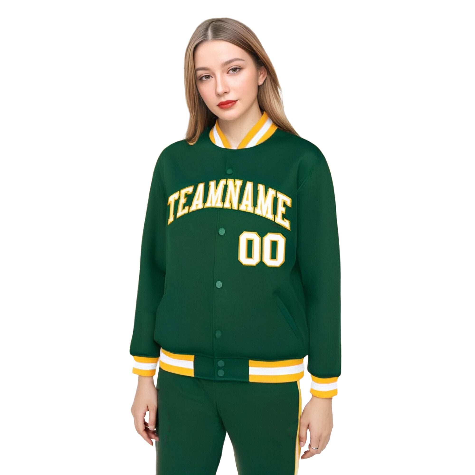 Custom Kelly Green White-Yellow Bomber Full-Snap Varsity Letterman Jacket