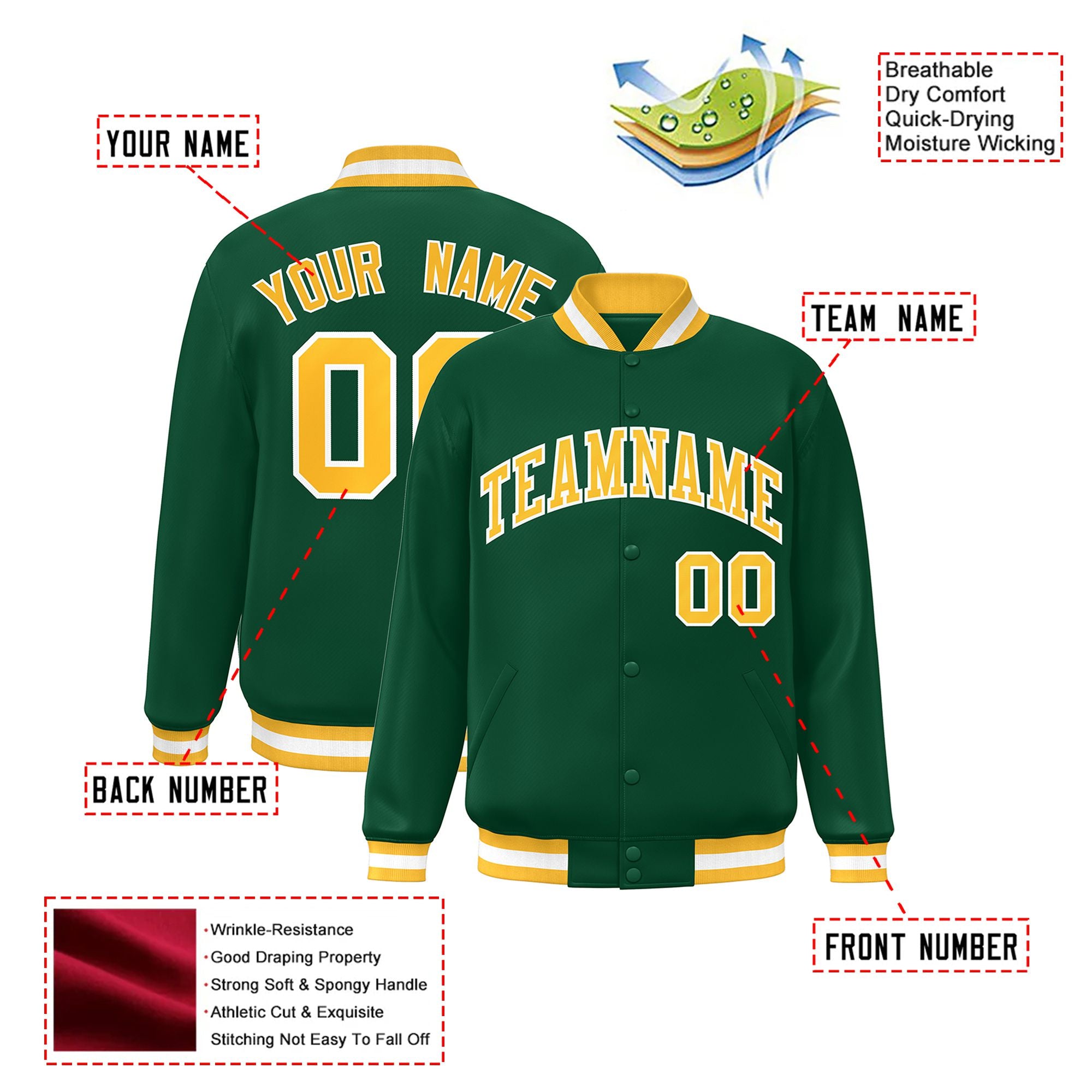 Custom Kelly Green Yellow-White Bomber Full-Snap Varsity Letterman Jacket