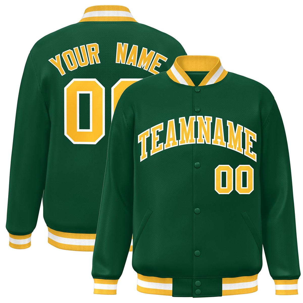 Custom Kelly Green Yellow-White Bomber Full-Snap Varsity Letterman Jacket