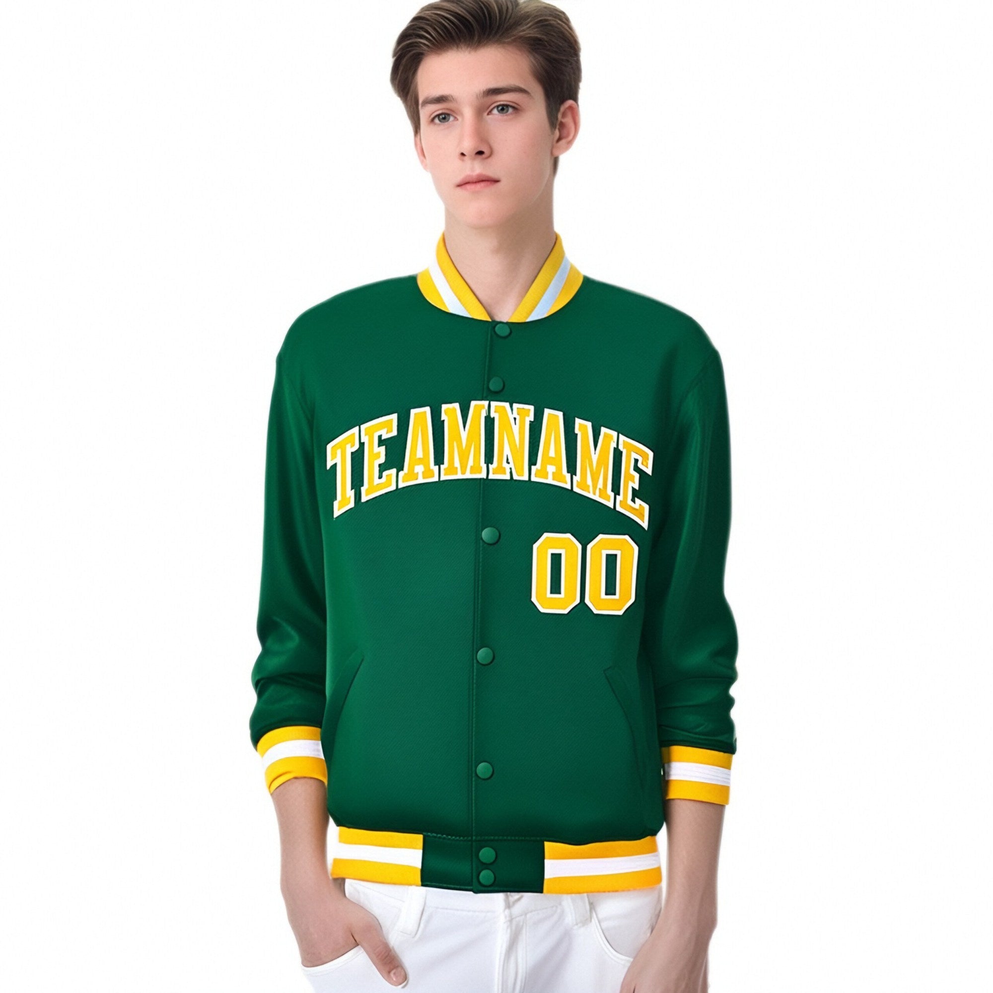 Custom Kelly Green Yellow-White Bomber Full-Snap Varsity Letterman Jacket