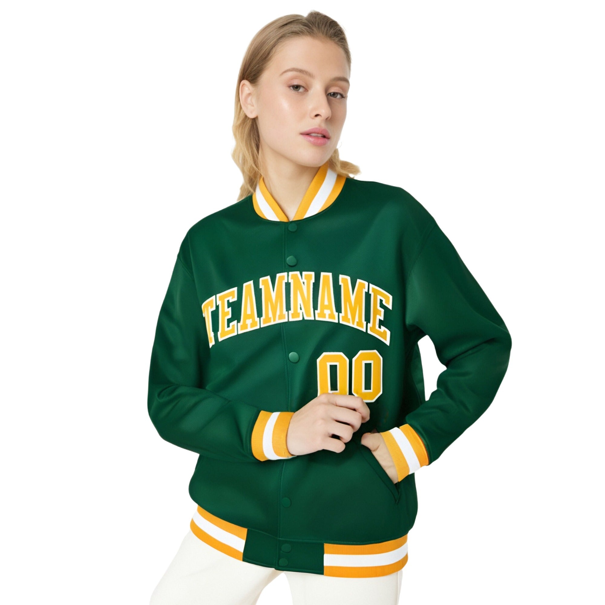 Custom Kelly Green Yellow-White Bomber Full-Snap Varsity Letterman Jacket