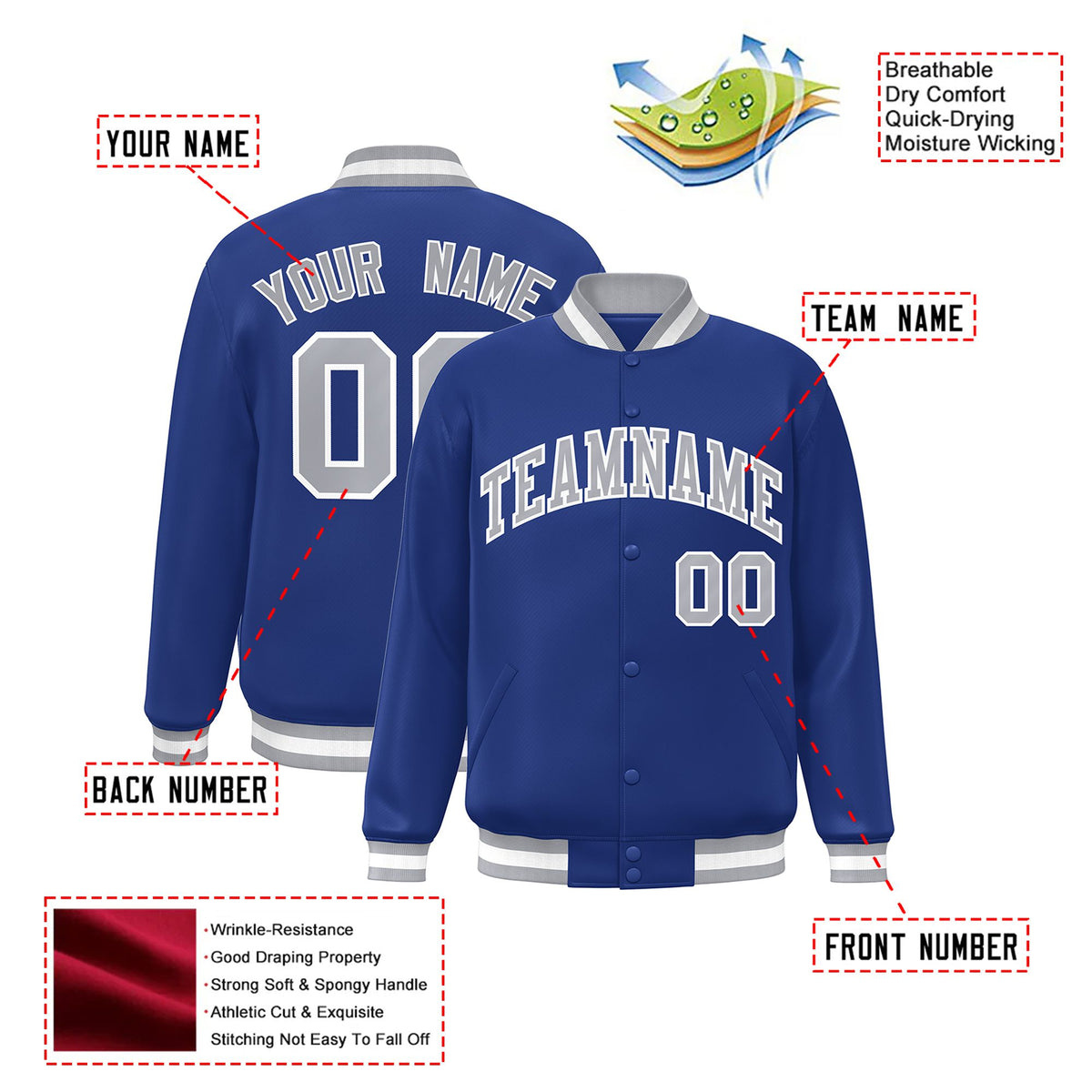 Custom Royal Blue Gray-White Bomber Full-Snap Varsity Letterman Jacket