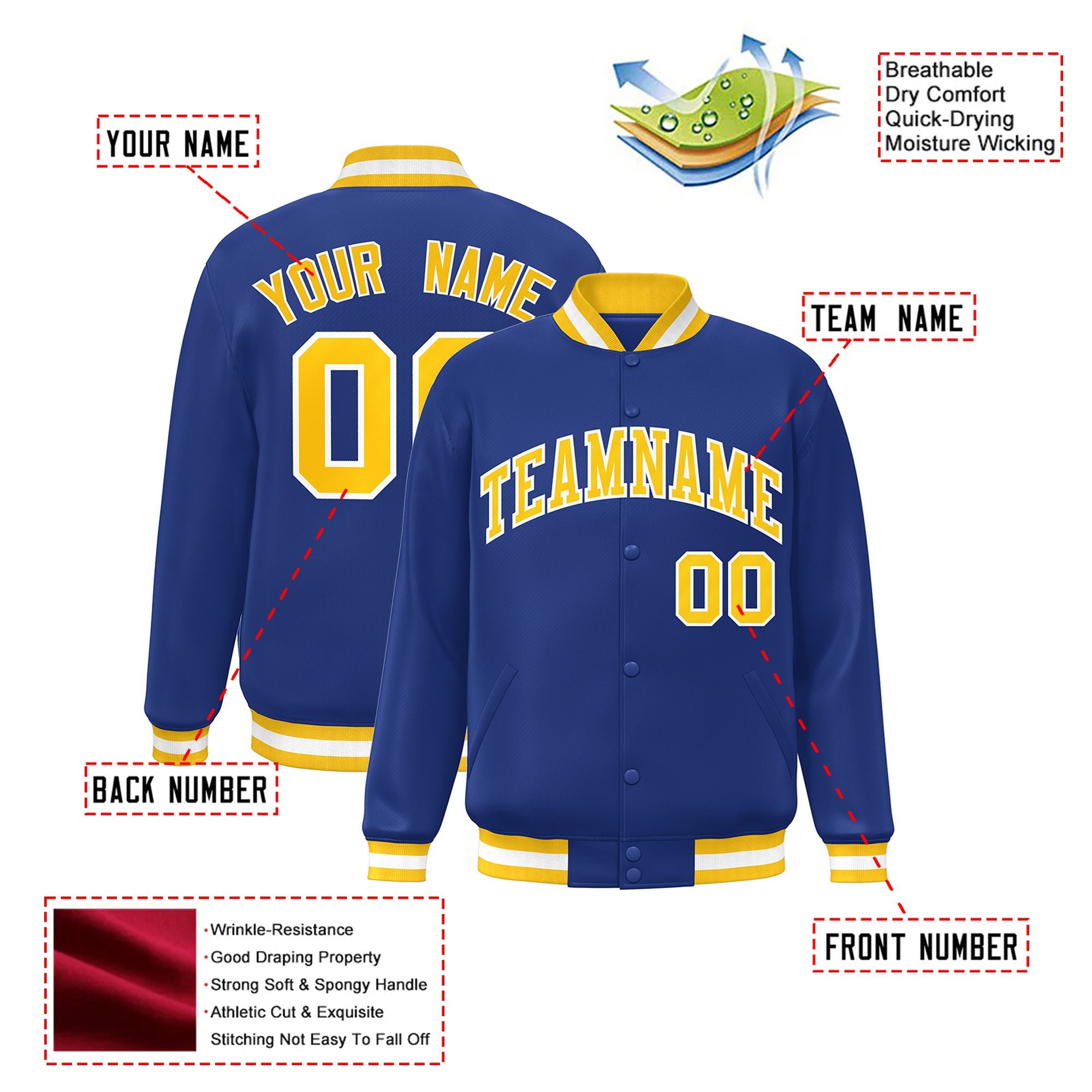 Custom Royal Blue Gold-White Bomber Full-Snap Varsity Letterman Jacket