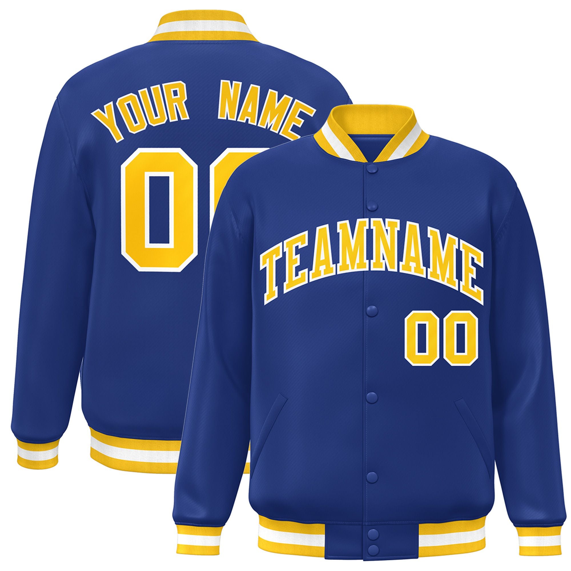 Custom Royal Blue Gold-White Bomber Full-Snap Varsity Letterman Jacket