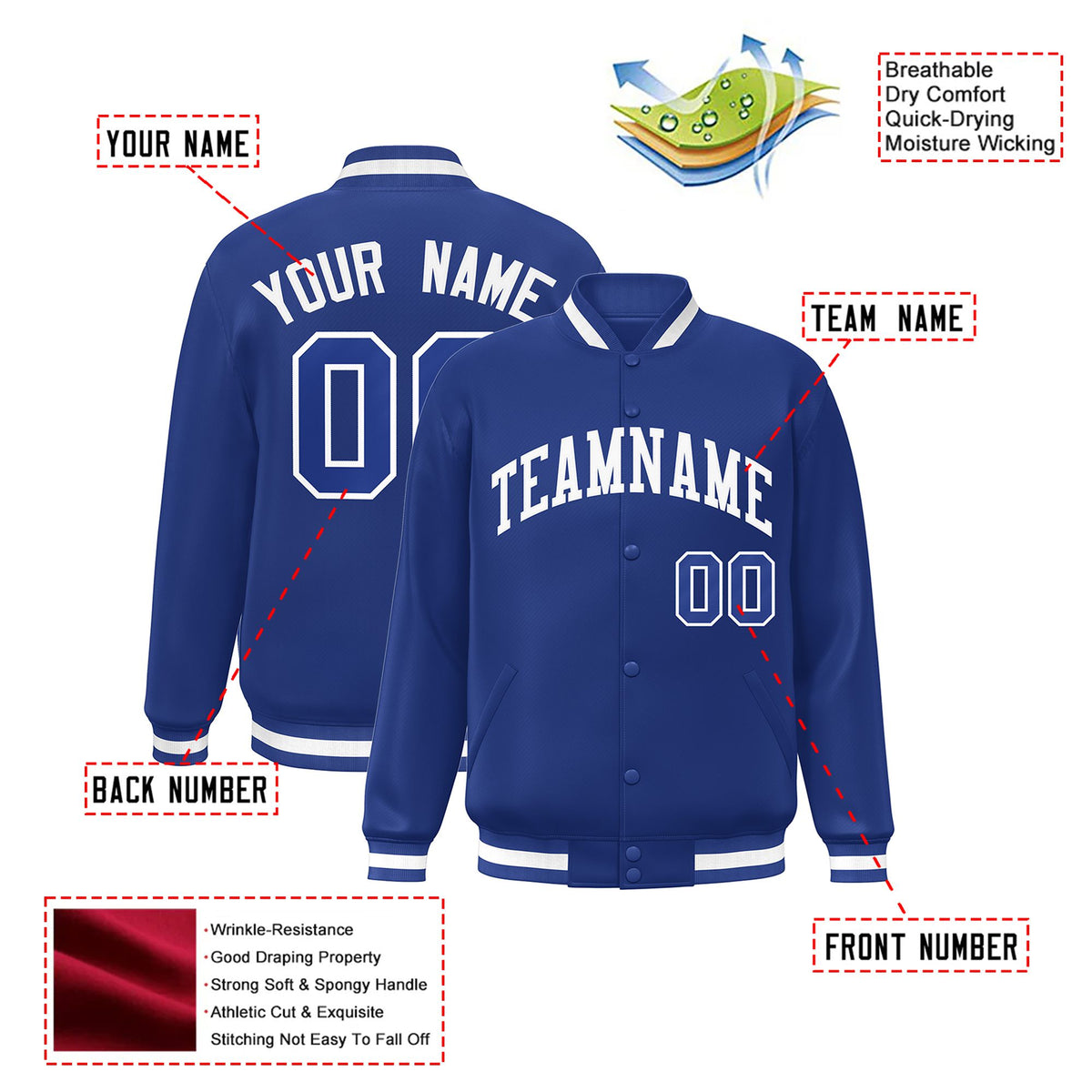 Custom Royal Blue White Bomber Full-Snap Varsity Letterman Jacket