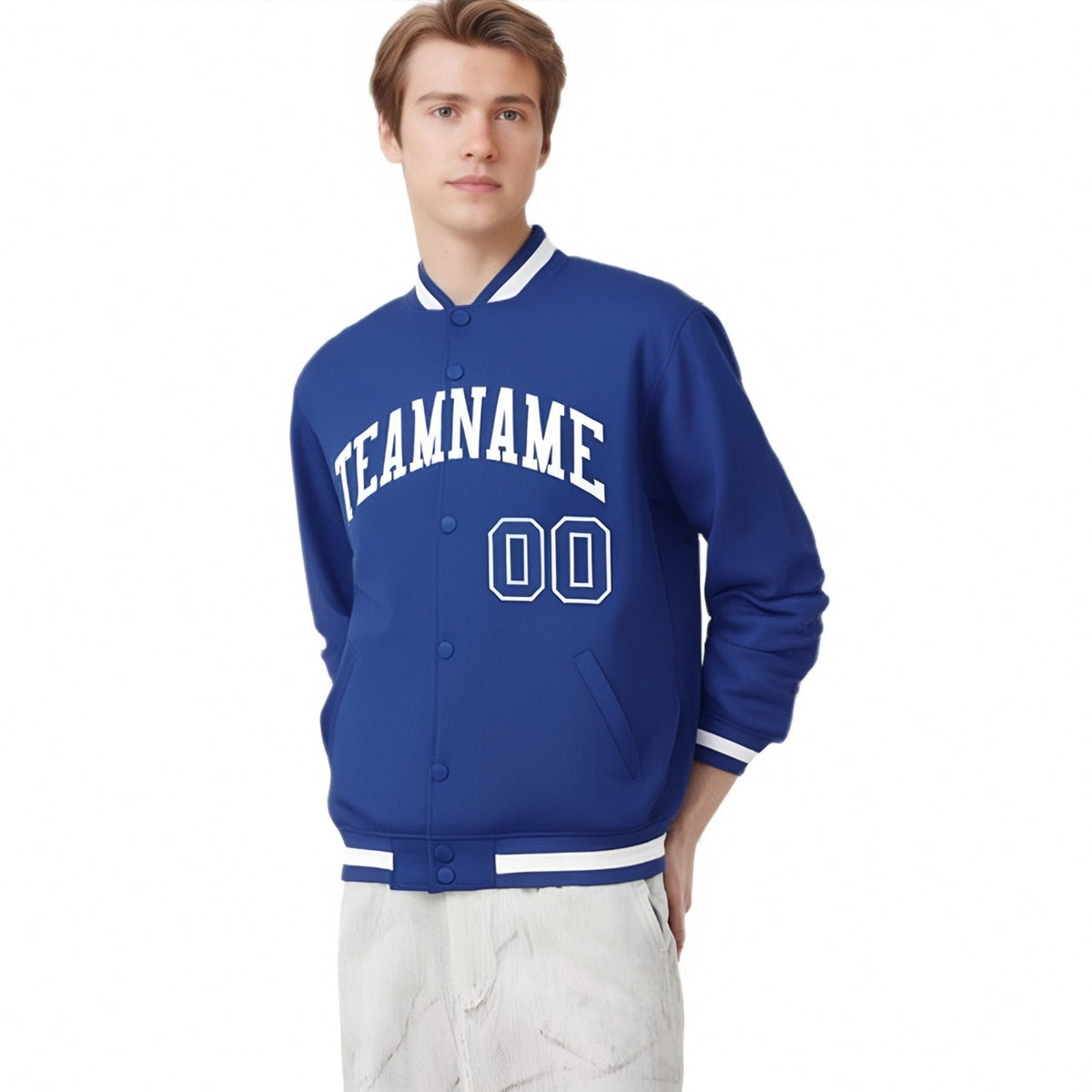 Custom Royal Blue White Bomber Full-Snap Varsity Letterman Jacket