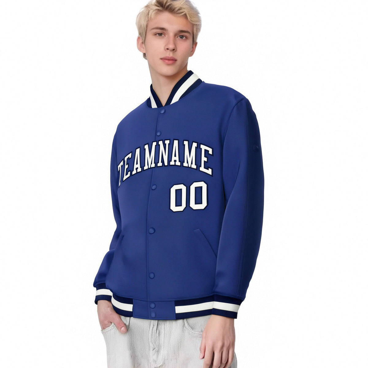 Custom Royal Blue Black-White Bomber Full-Snap Varsity Letterman Jacket