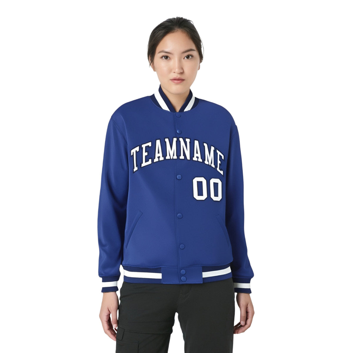 Custom Royal Blue Black-White Bomber Full-Snap Varsity Letterman Jacket