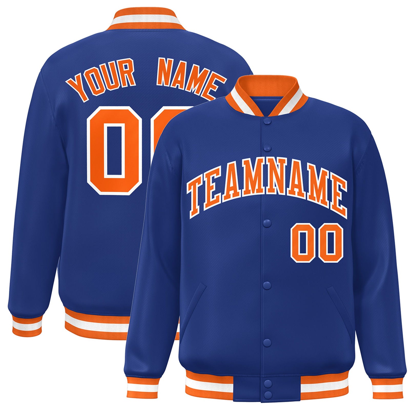 Custom Royal Blue Orange-White Bomber Full-Snap Varsity Letterman Jacket
