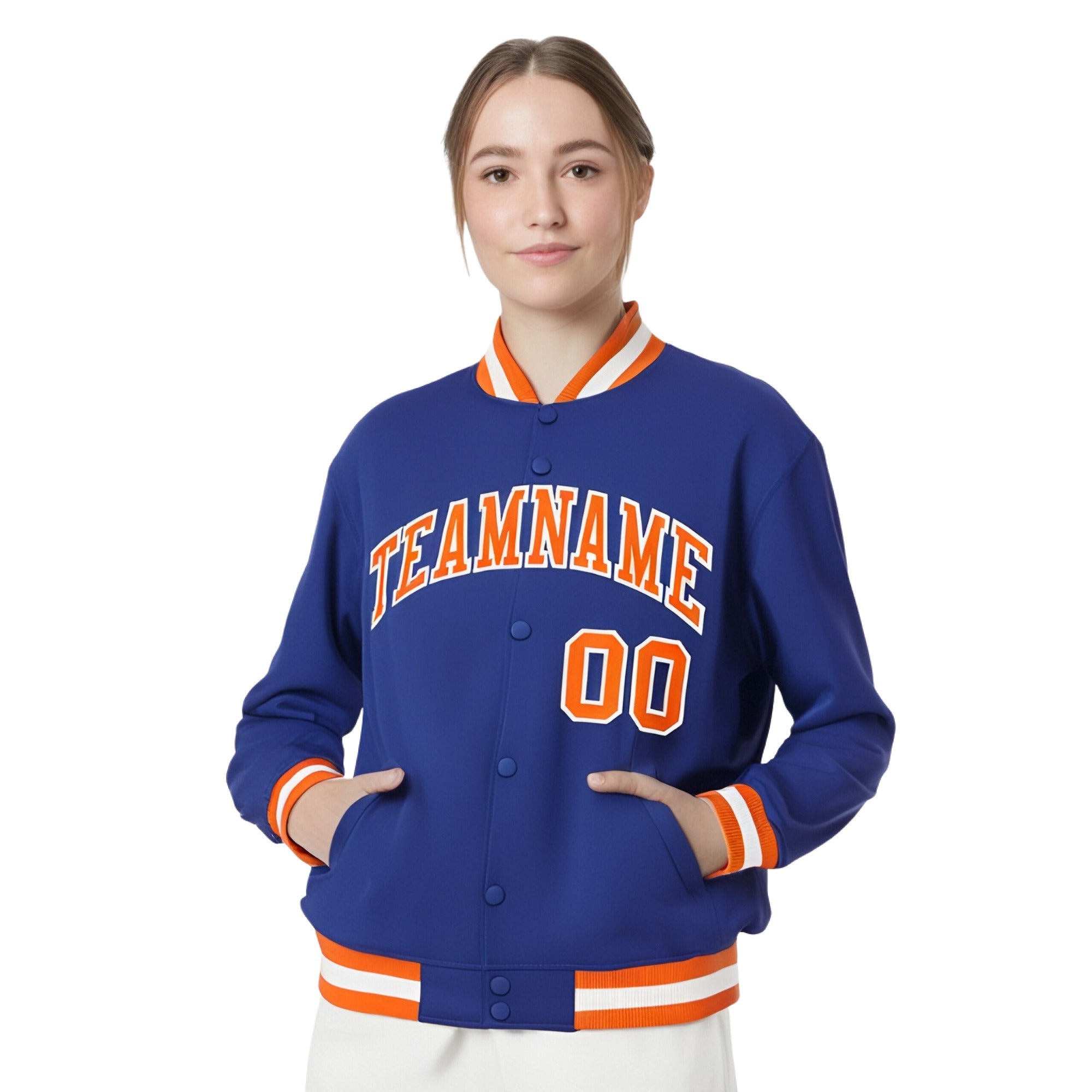 Custom Royal Blue Orange-White Bomber Full-Snap Varsity Letterman Jacket