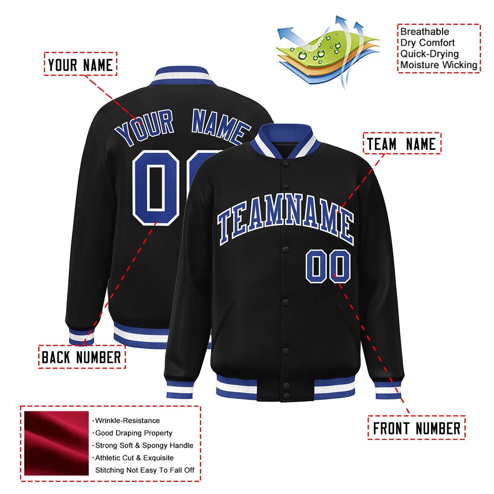 Custom Black Royal-Blue White Bomber Full-Snap Varsity Letterman Jacket