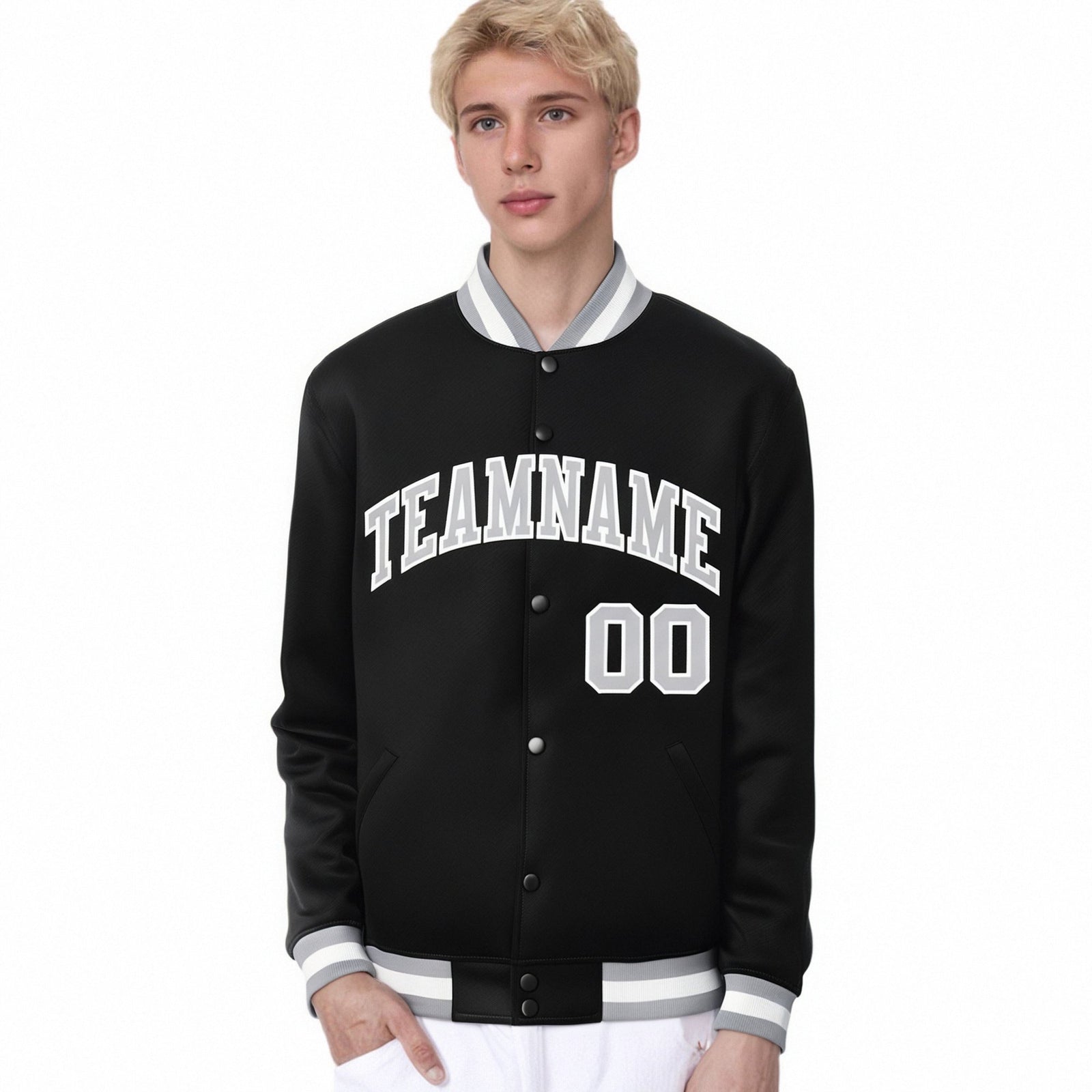 Custom Black Gray-White Bomber Full-Snap Varsity Letterman Jacket