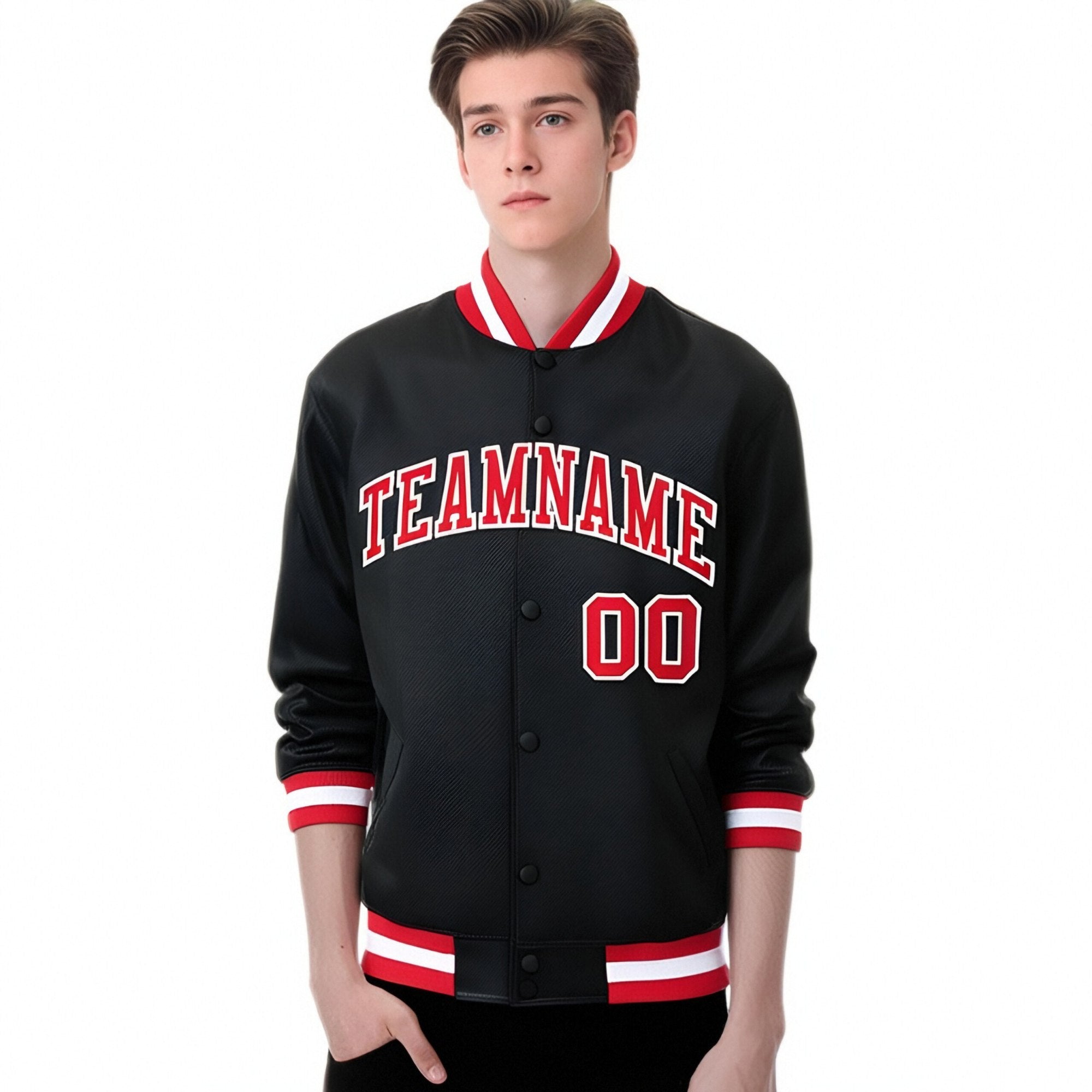 Custom Black Red-White Bomber Full-Snap Varsity Letterman Jacket