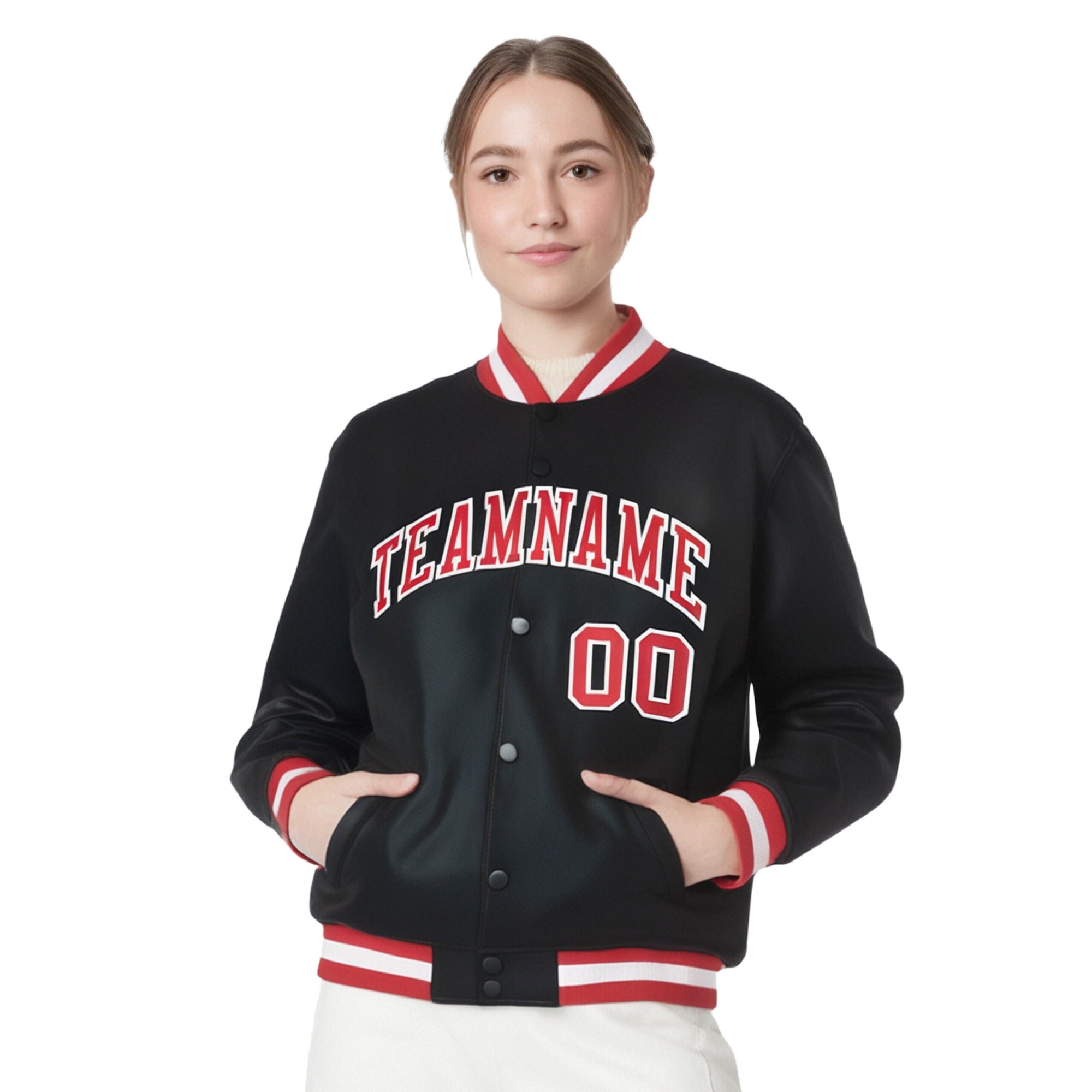 Custom Black Red-White Bomber Full-Snap Varsity Letterman Jacket